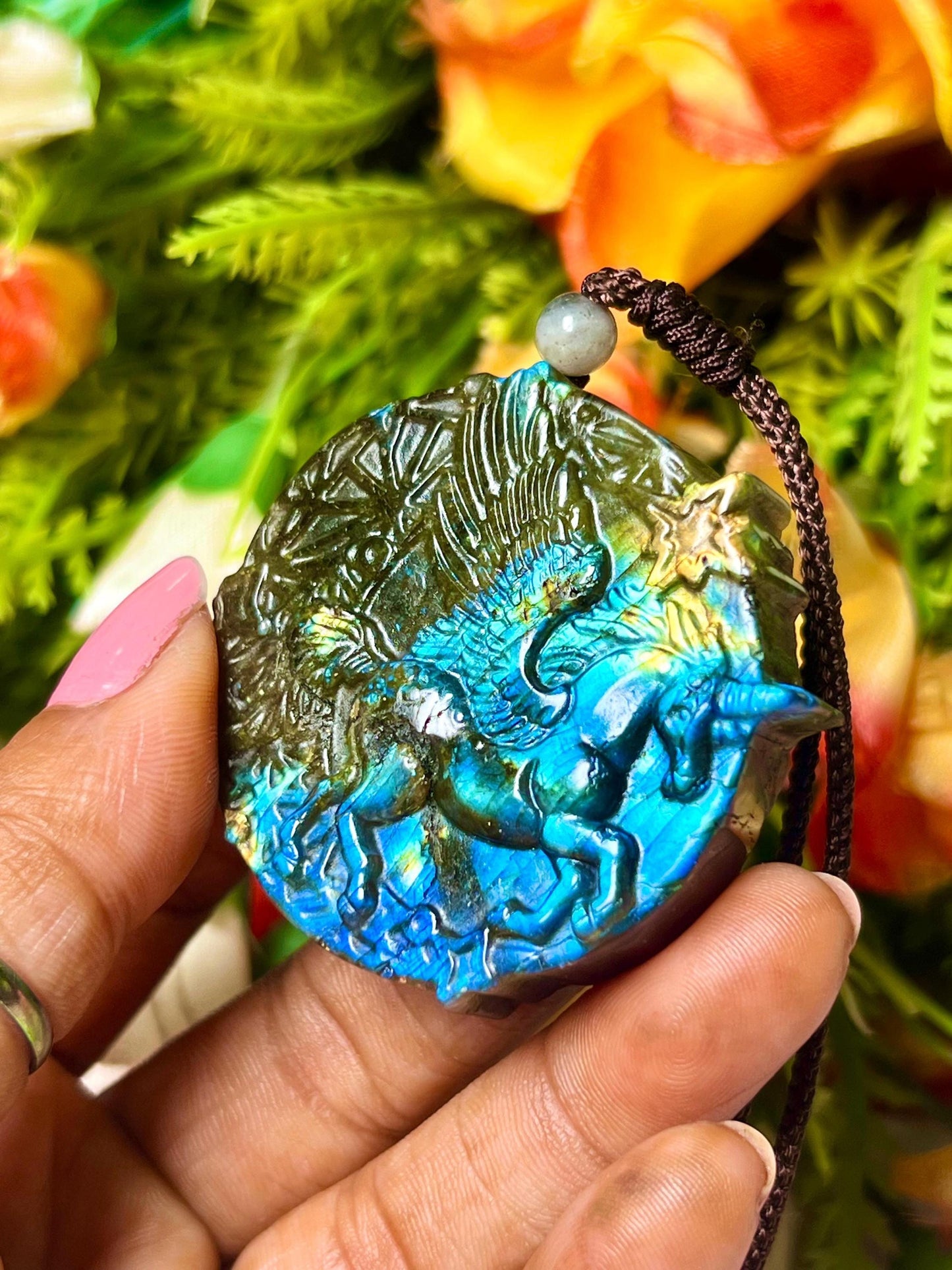 2" Labradorite Pegasus Unicorn Stone Carving Pendant Necklace With Long Cord Home Decoration,Reiki healing Gift for All