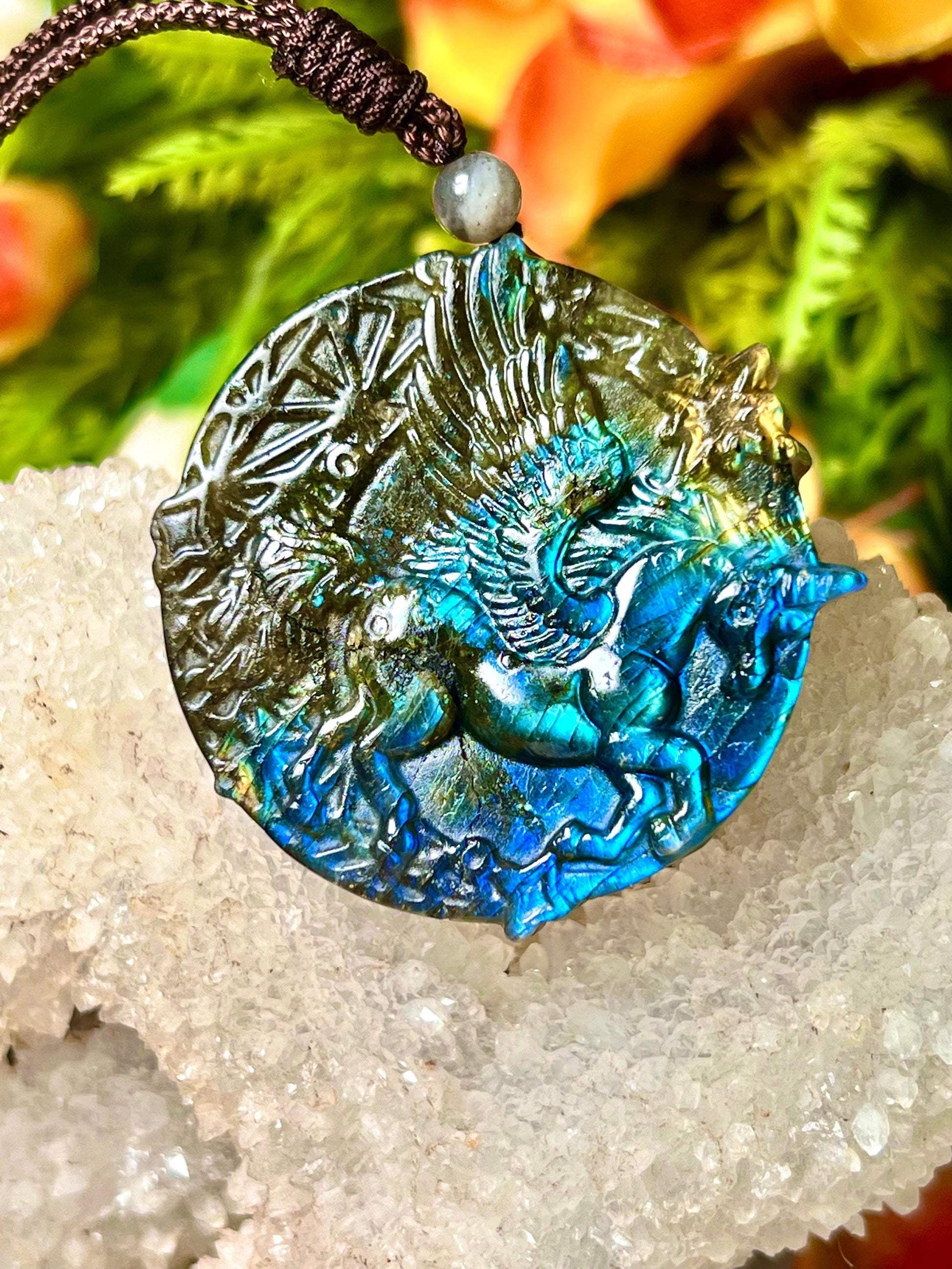 2" Labradorite Pegasus Unicorn Stone Carving Pendant Necklace With Long Cord Home Decoration,Reiki healing Gift for All