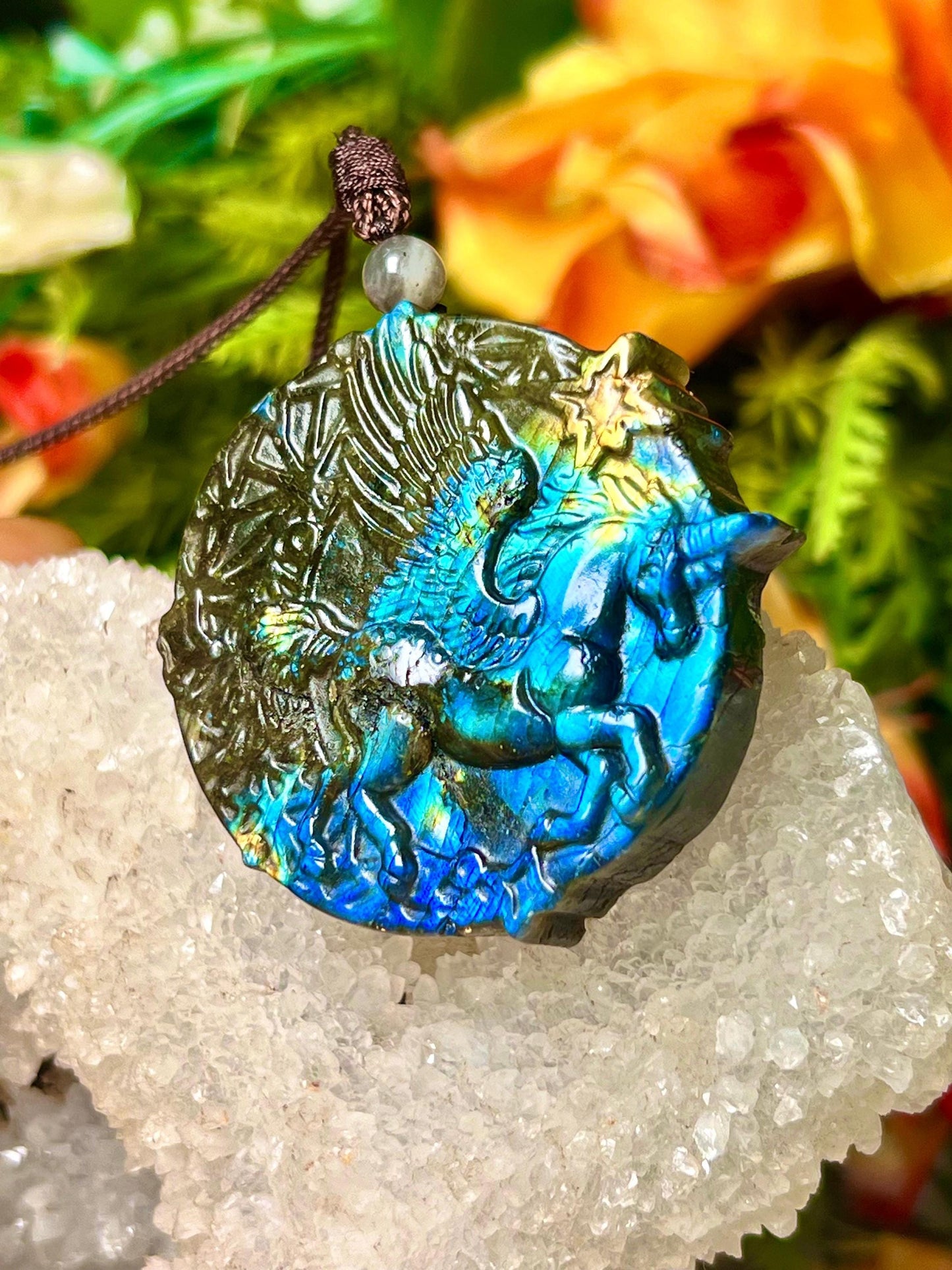 2" Labradorite Pegasus Unicorn Stone Carving Pendant Necklace With Long Cord Home Decoration,Reiki healing Gift for All