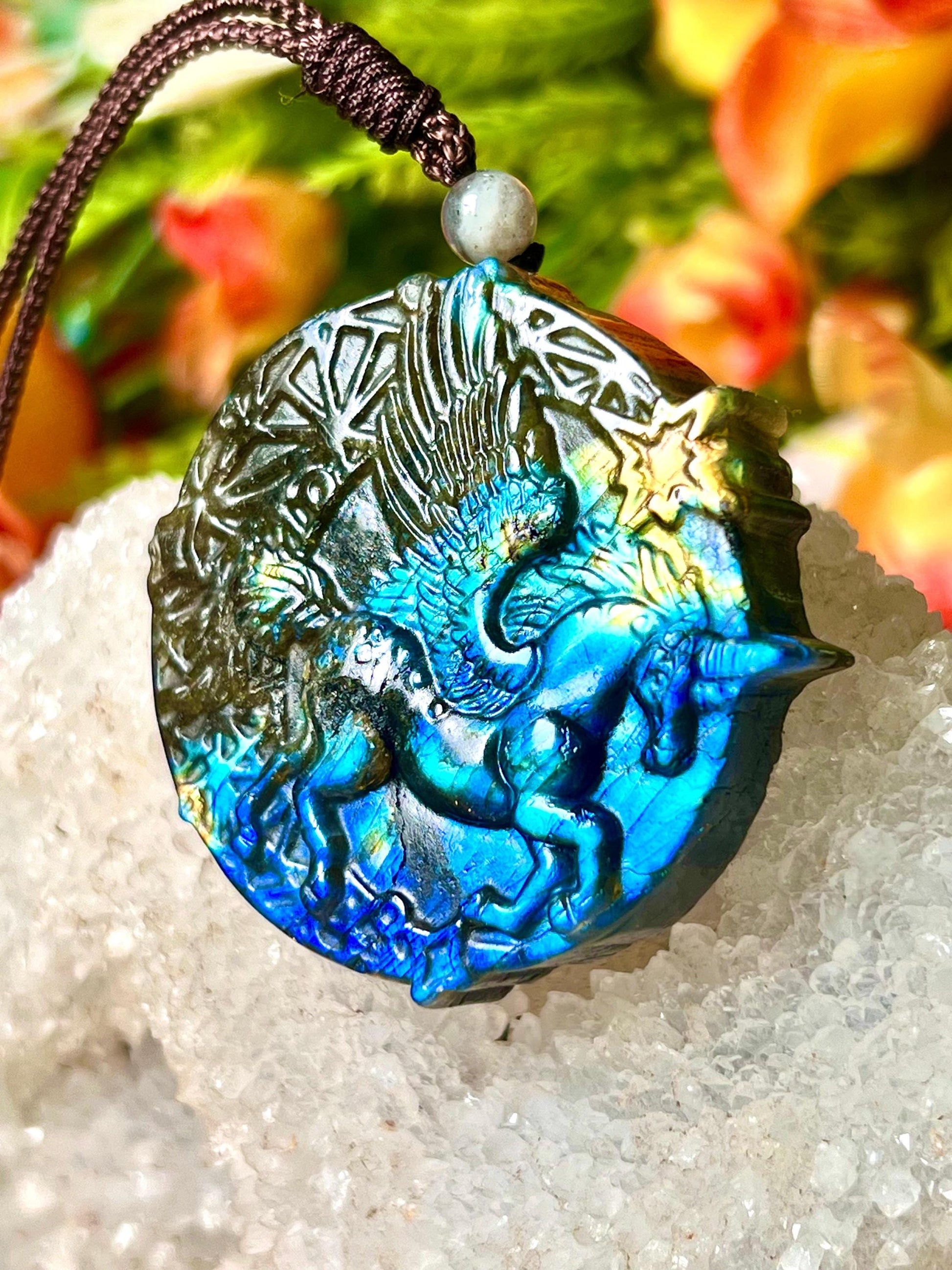 2" Labradorite Pegasus Unicorn Stone Carving Pendant Necklace With Long Cord Home Decoration,Reiki healing Gift for All