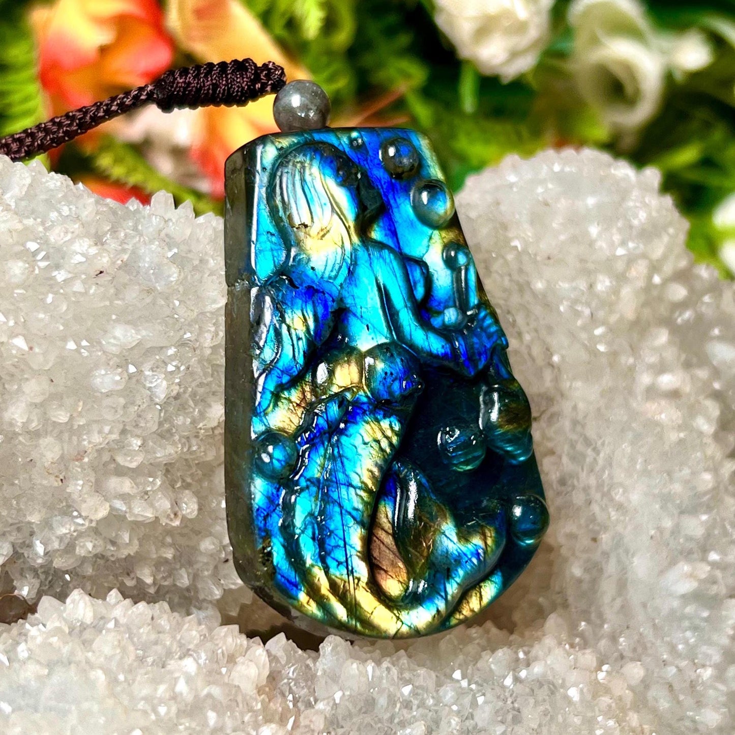 2.1" Labradorite Stone Mermaid Carving Pendant Necklace With Long Cord Home Decoration,Reiki healing Gift for All