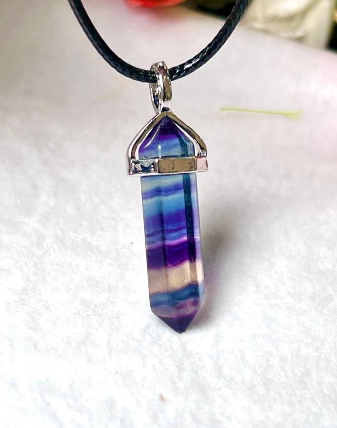 Rainbow Fluorite Stone Double Point Pencil Pendant with Black Cord