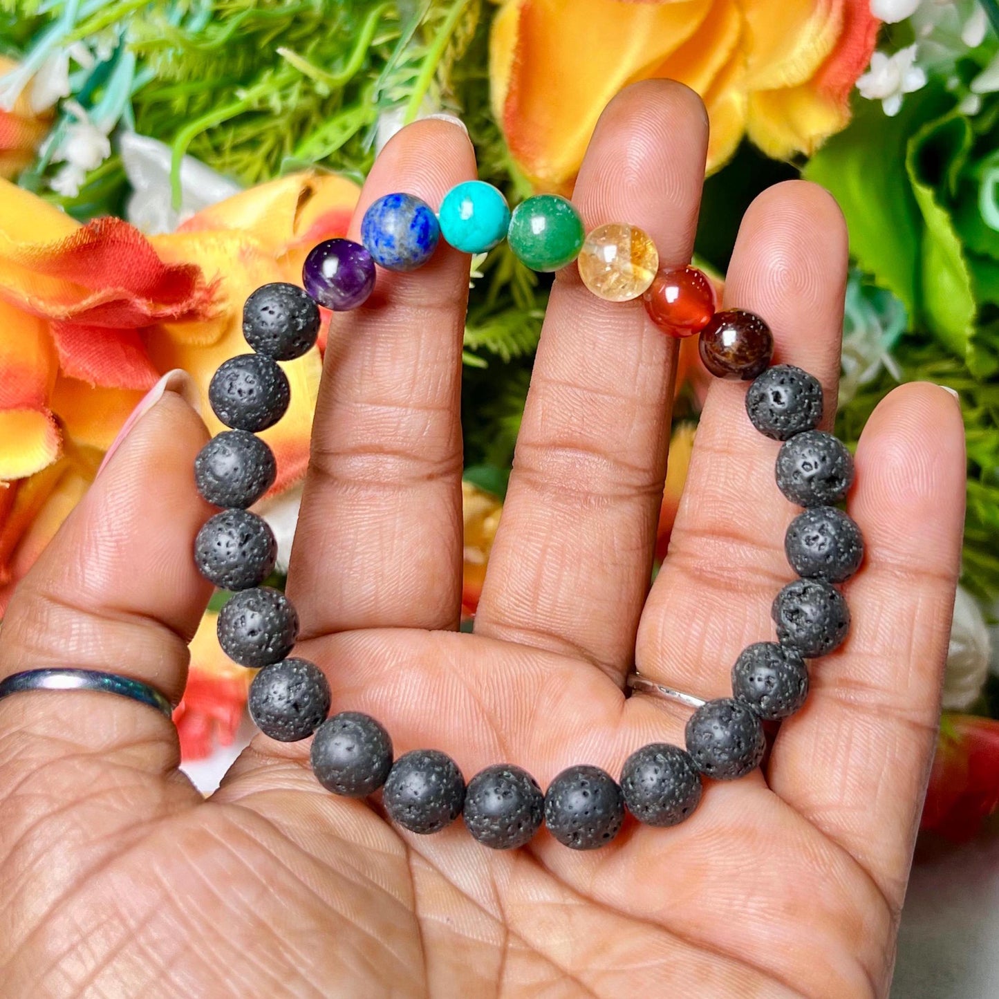 7 Chakra With Lava Stone Volcanic Stone Bracelet l Stretchable Bracelet l Unisex Bracelet l 8 MM Bracelet