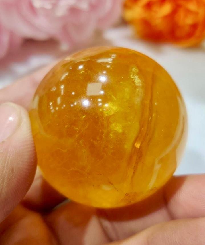 Yellow Fluorite Stone Sphere 40 MM Crystal Ball Orb Pocket Stone Meditation Space Crystal Grid With wooden Stand