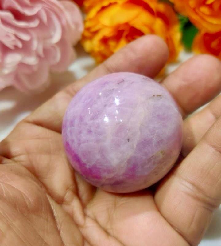 Kunzite Stone Sphere 35 MM Crystal Ball Orb Pocket Stone Meditation Space Crystal Grid With wooden Stand