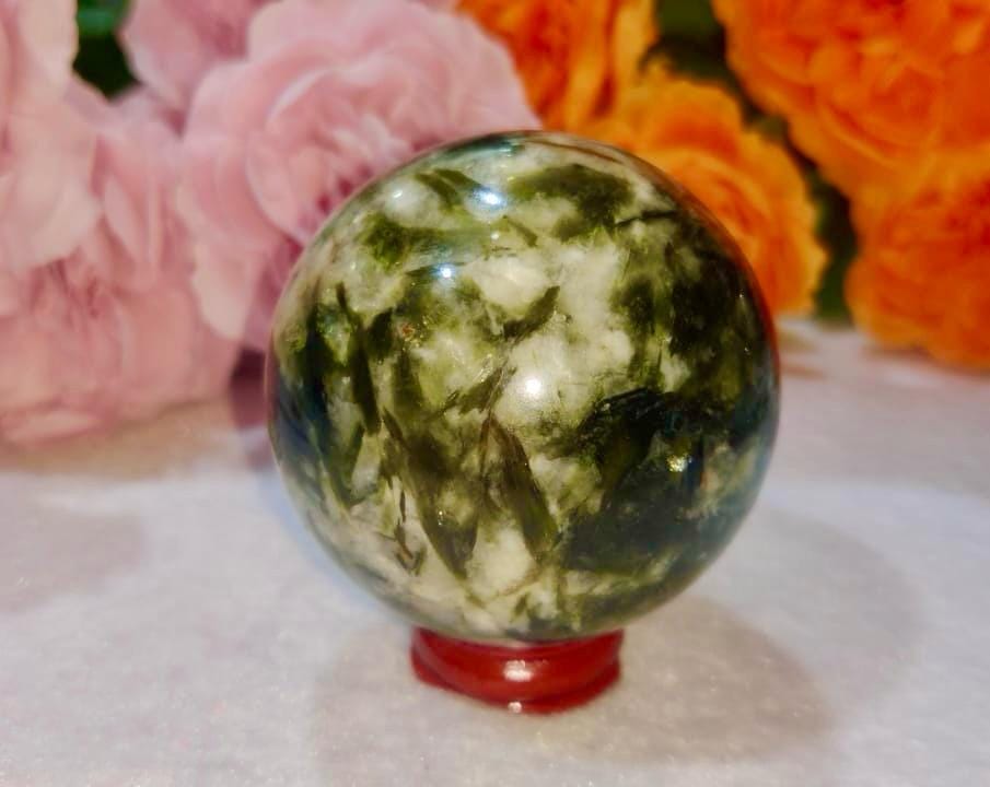 Natural Rare Green Tourmaline Mica Symbiotic Crystal Stone Sphere 60MM Ball Orb Pocket Stone Meditation Space Crystal Grid With wooden Stand