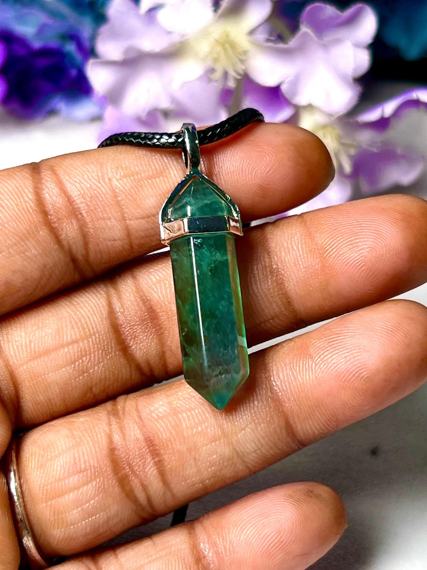 Green Fluorite Stone Double Point Pencil Pendant with Black Cord