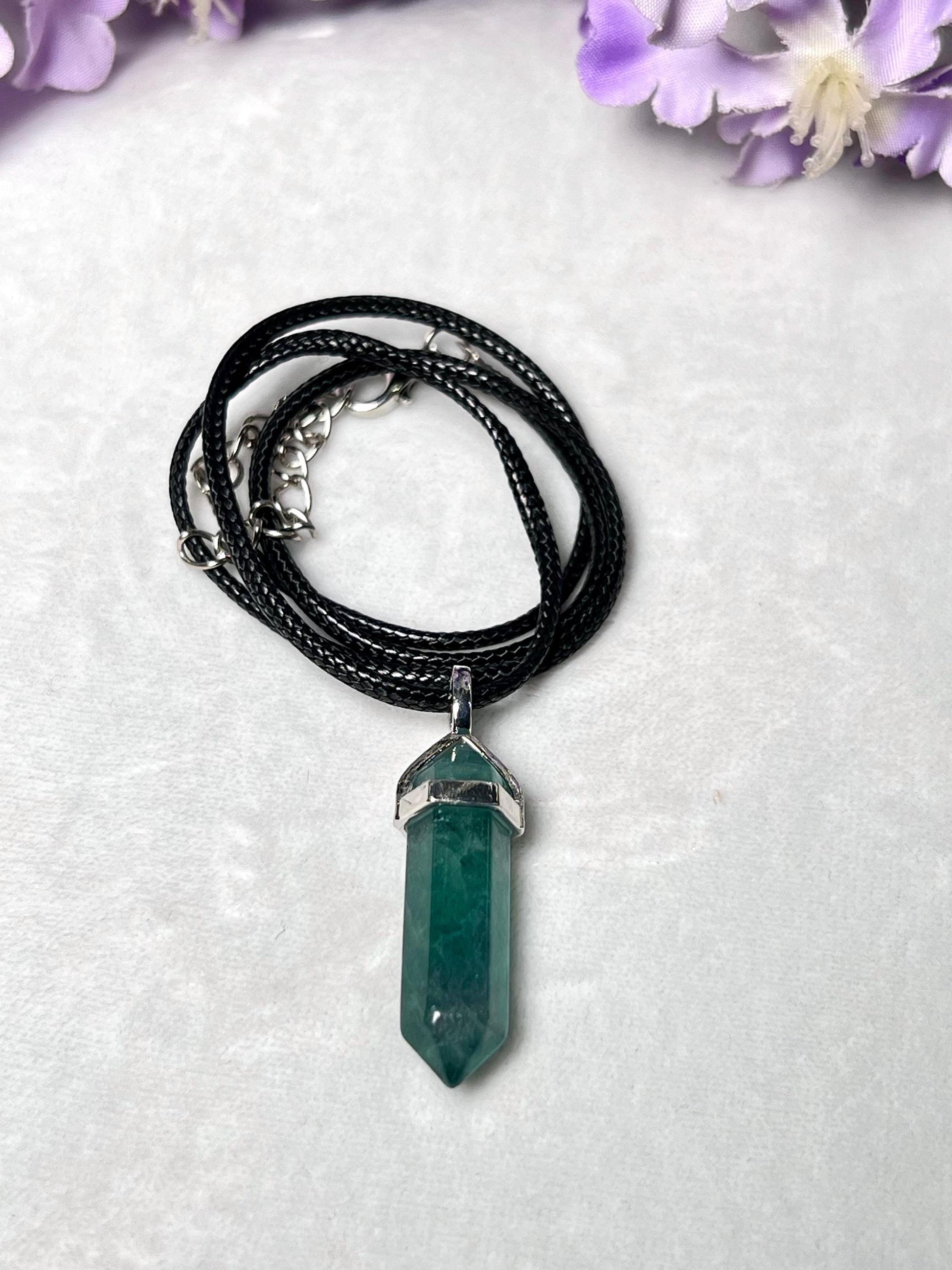 Green Fluorite Stone Double Point Pencil Pendant with Black Cord