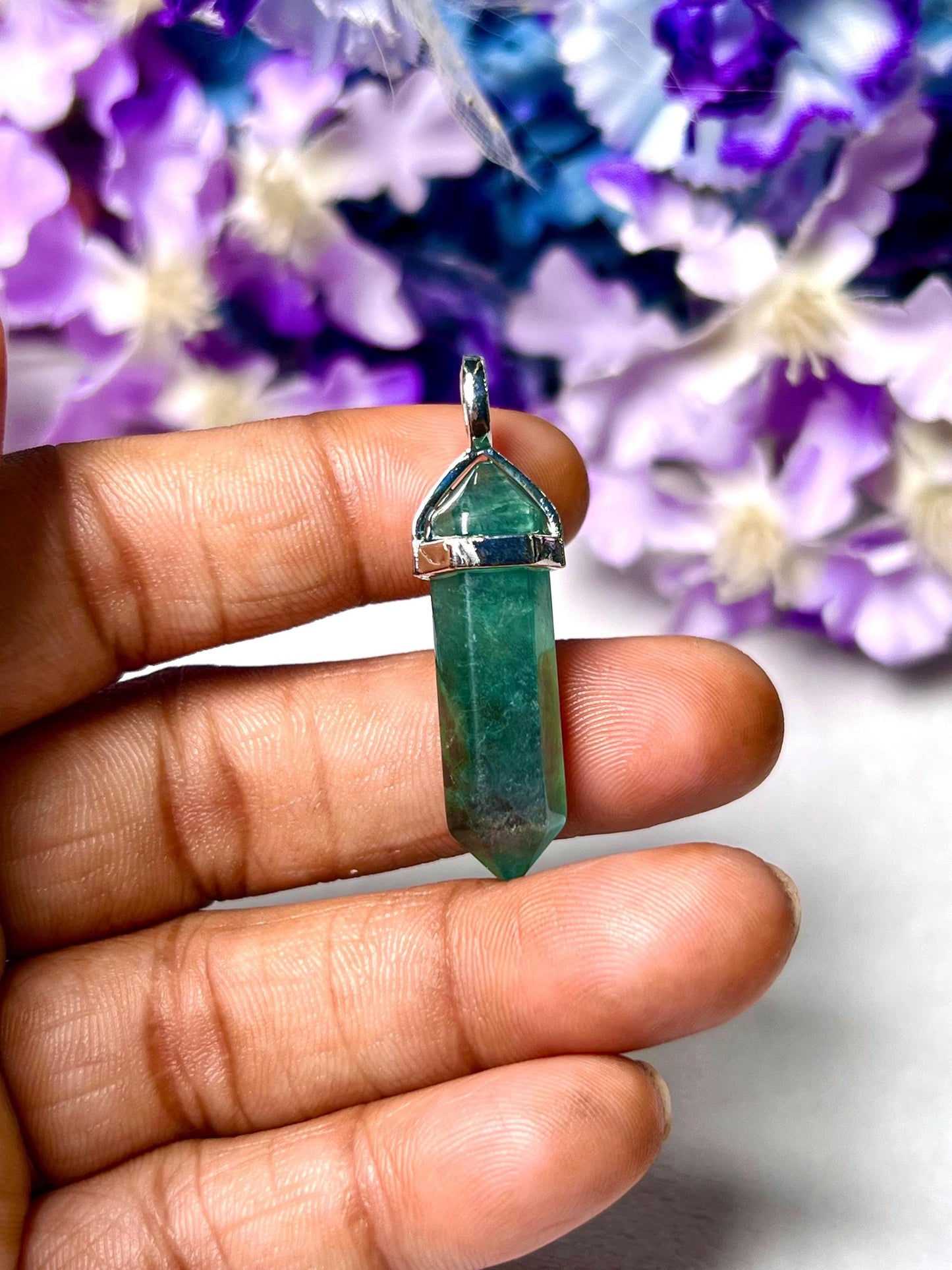 Green Fluorite Stone Double Point Pencil Pendant with Black Cord