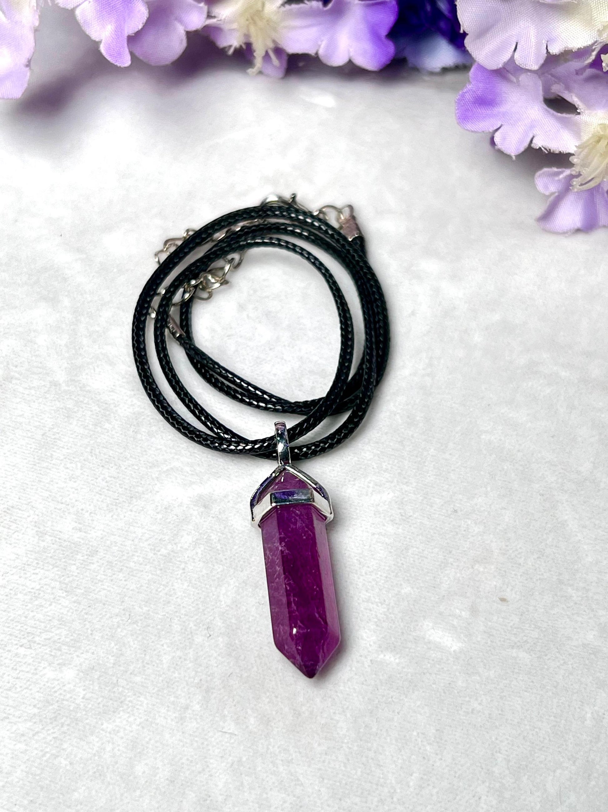 Grape Purple Fluorite Stone Double Point Pencil Pendant with Black Cord