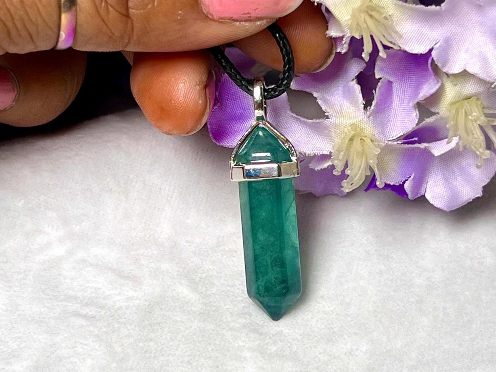 Green Fluorite Stone Double Point Pencil Pendant with Black Cord