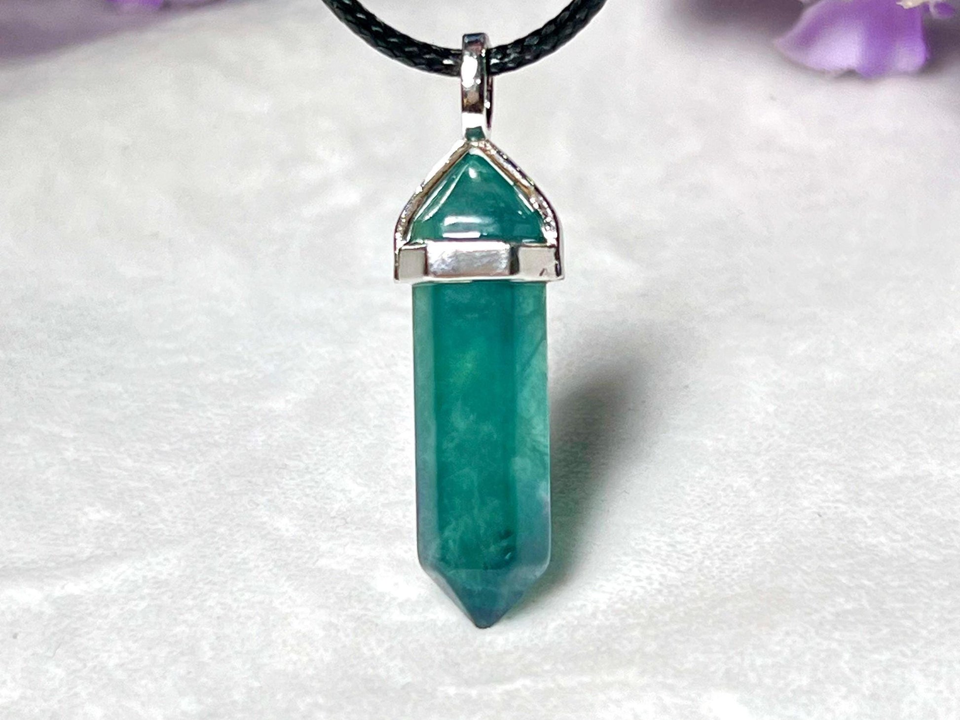 Green Fluorite Stone Double Point Pencil Pendant with Black Cord