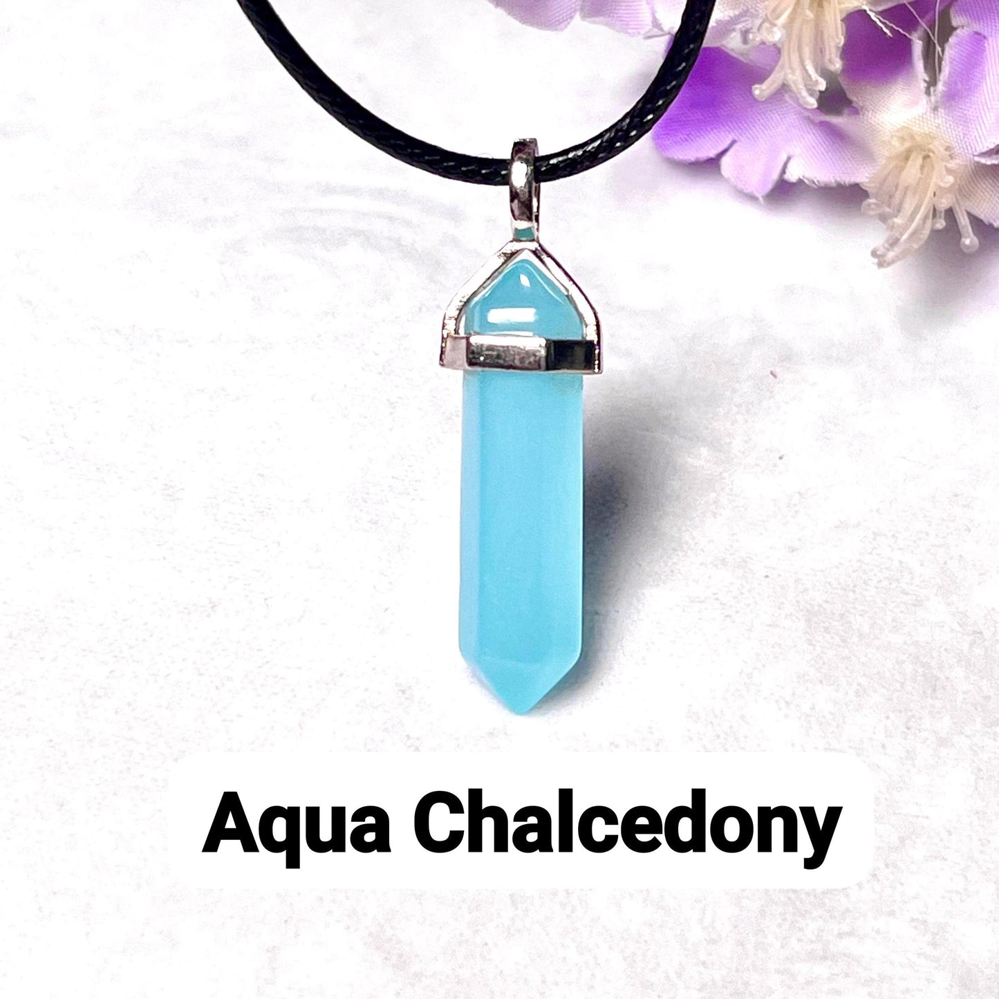 Aqua Chalcedony Stone Double Point Pencil Pendant with Black Cord