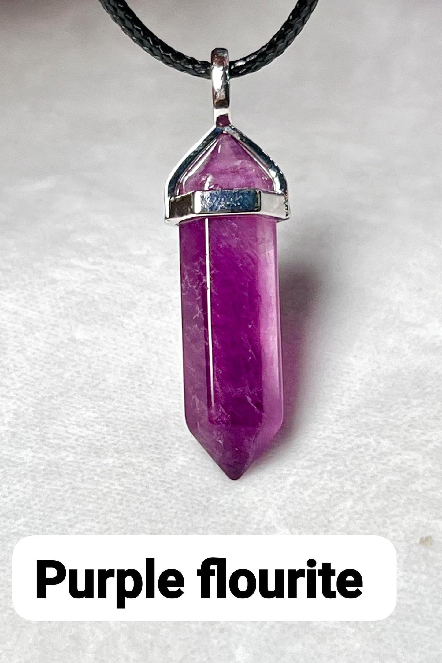 Grape Purple Fluorite Stone Double Point Pencil Pendant with Black Cord