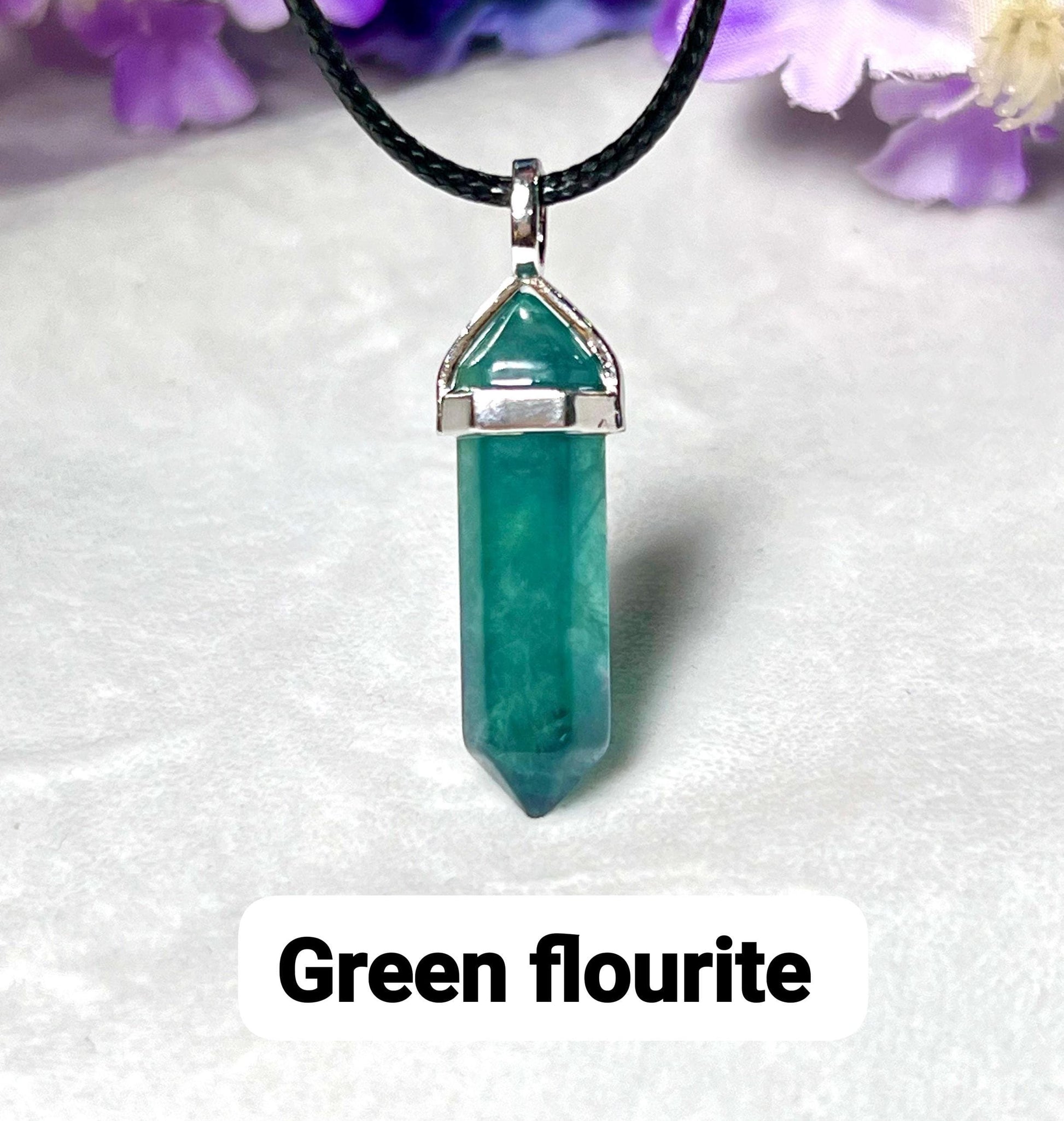 Green Fluorite Stone Double Point Pencil Pendant with Black Cord