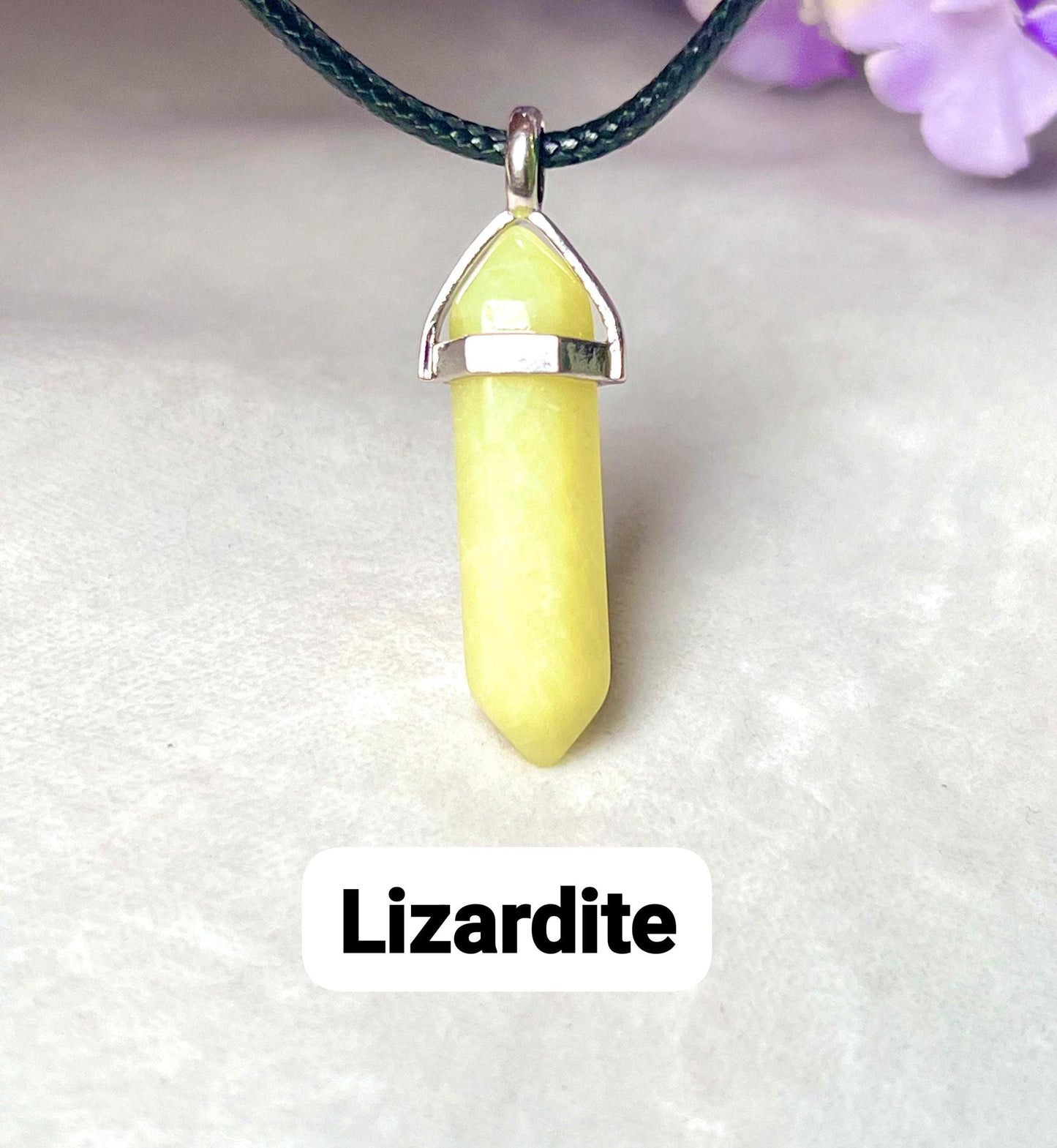 Lizardite Stone Double Point Pencil Pendant with Black Cord