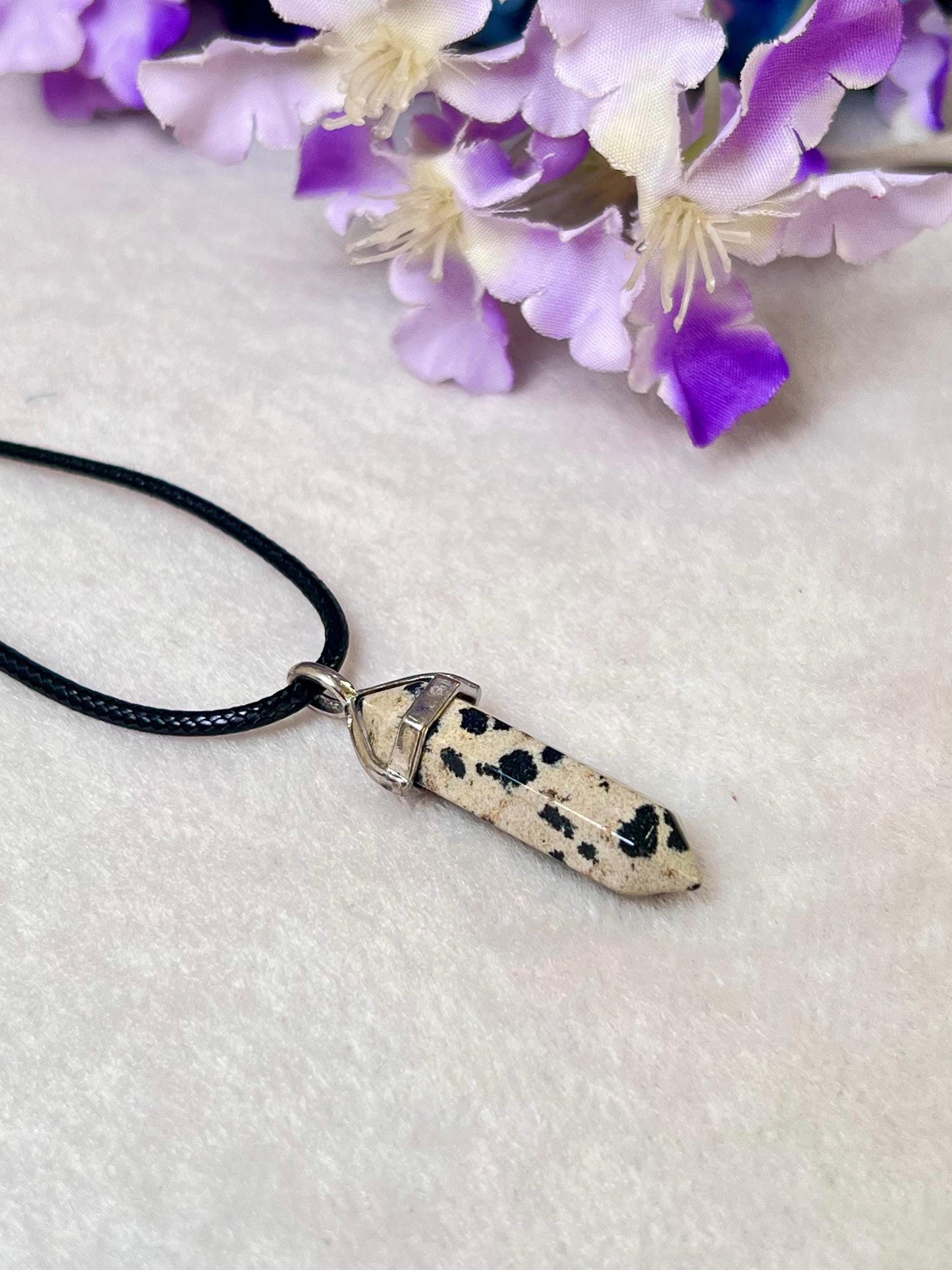 Dalmatian Jasper Stone Double Point Pencil Pendant with Black Cord