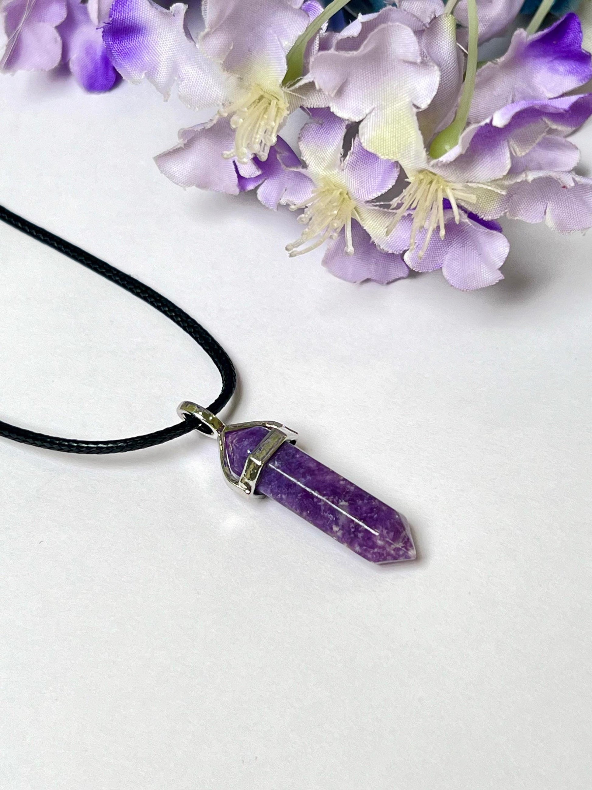 Lepidolite Stone Double Point Pencil Pendant with Black Cord