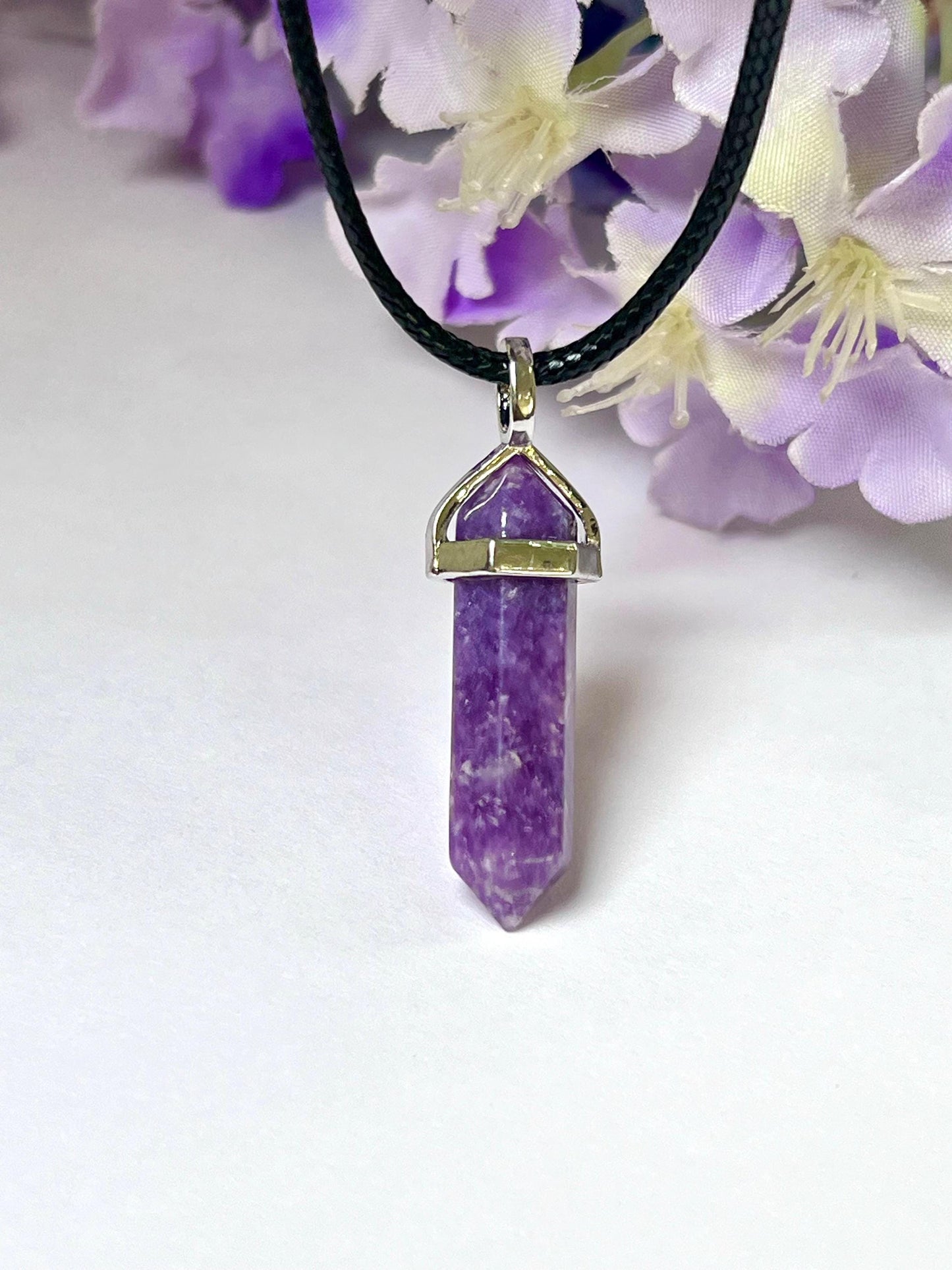 Lepidolite Stone Double Point Pencil Pendant with Black Cord