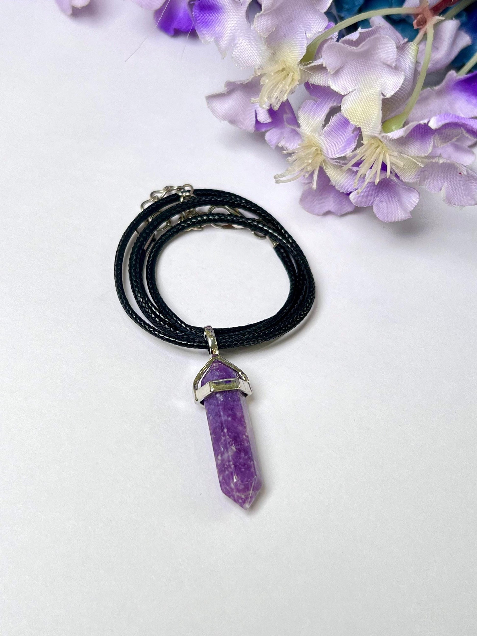 Lepidolite Stone Double Point Pencil Pendant with Black Cord