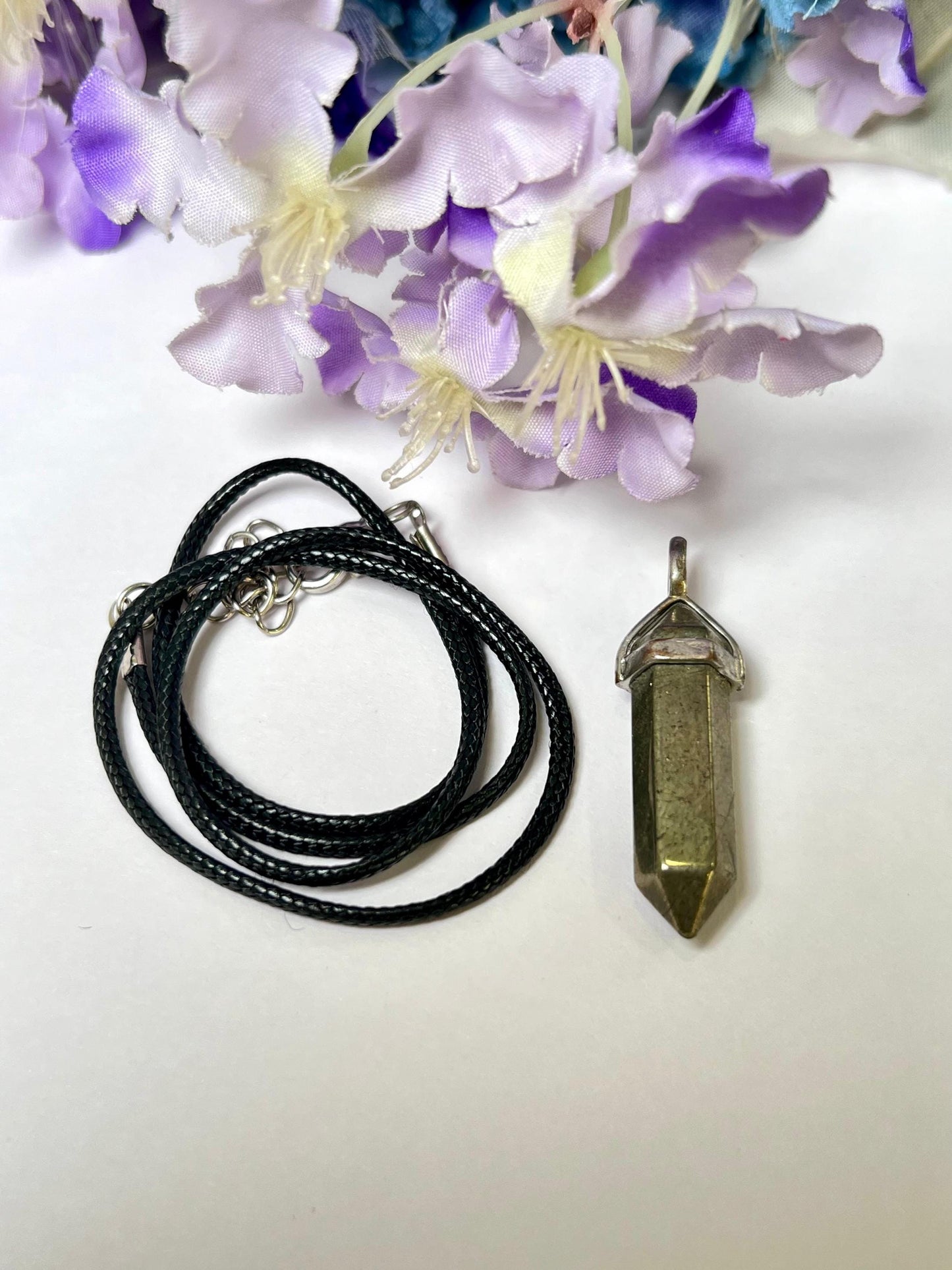 Pyrite Stone Double Point Pencil Pendant with Black Cord