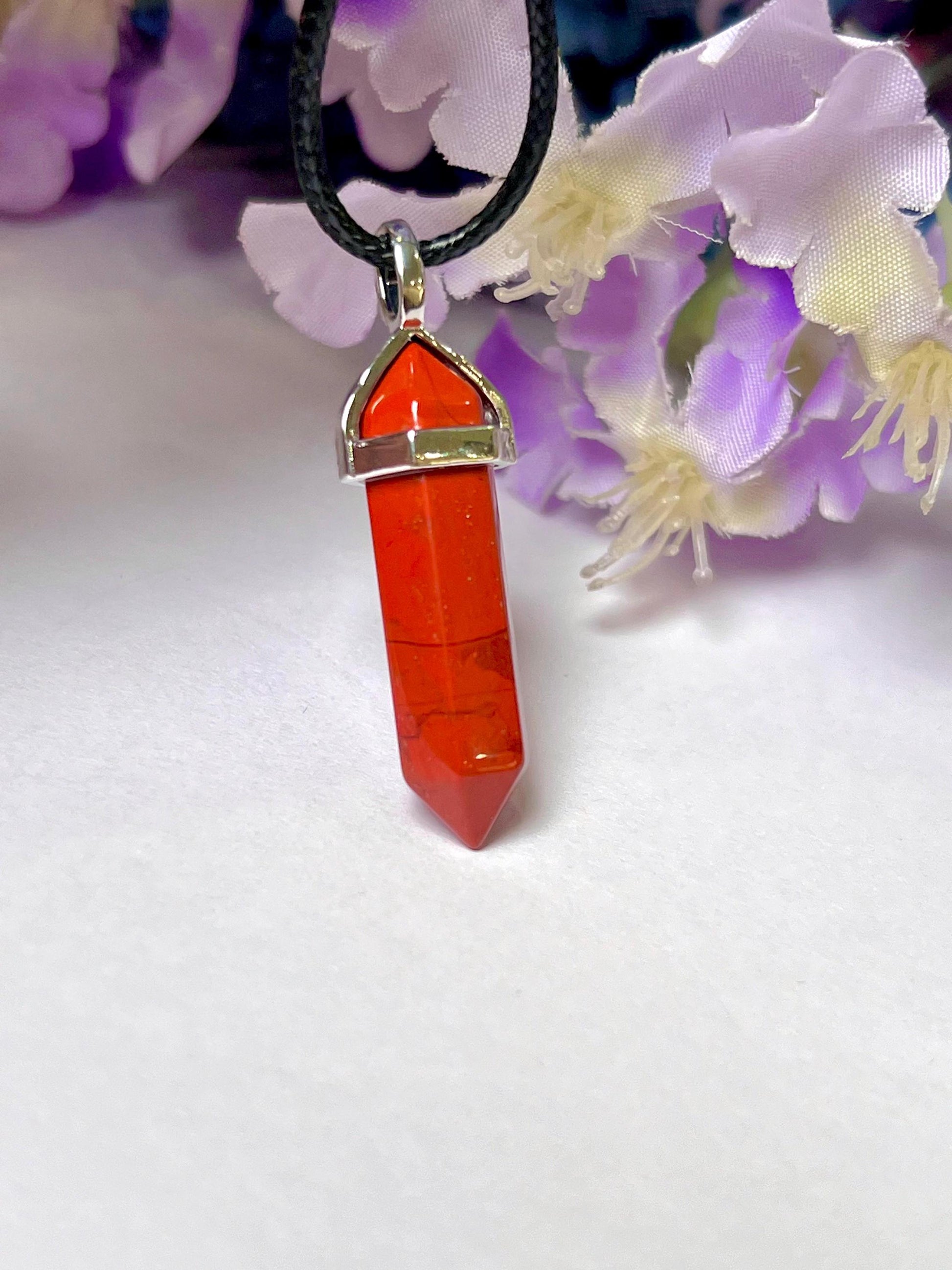 Red Jasper Stone Double Point Pencil Pendant with Black Cord