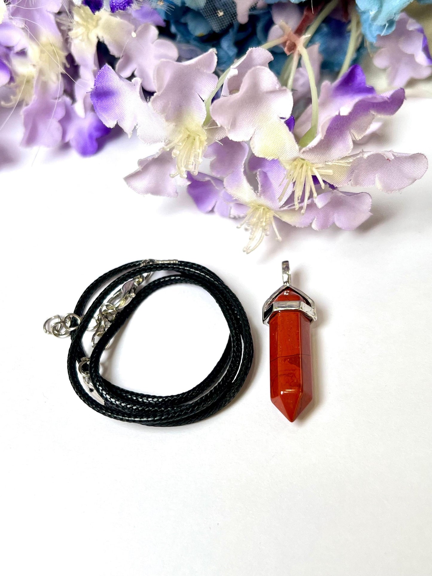 Red Jasper Stone Double Point Pencil Pendant with Black Cord