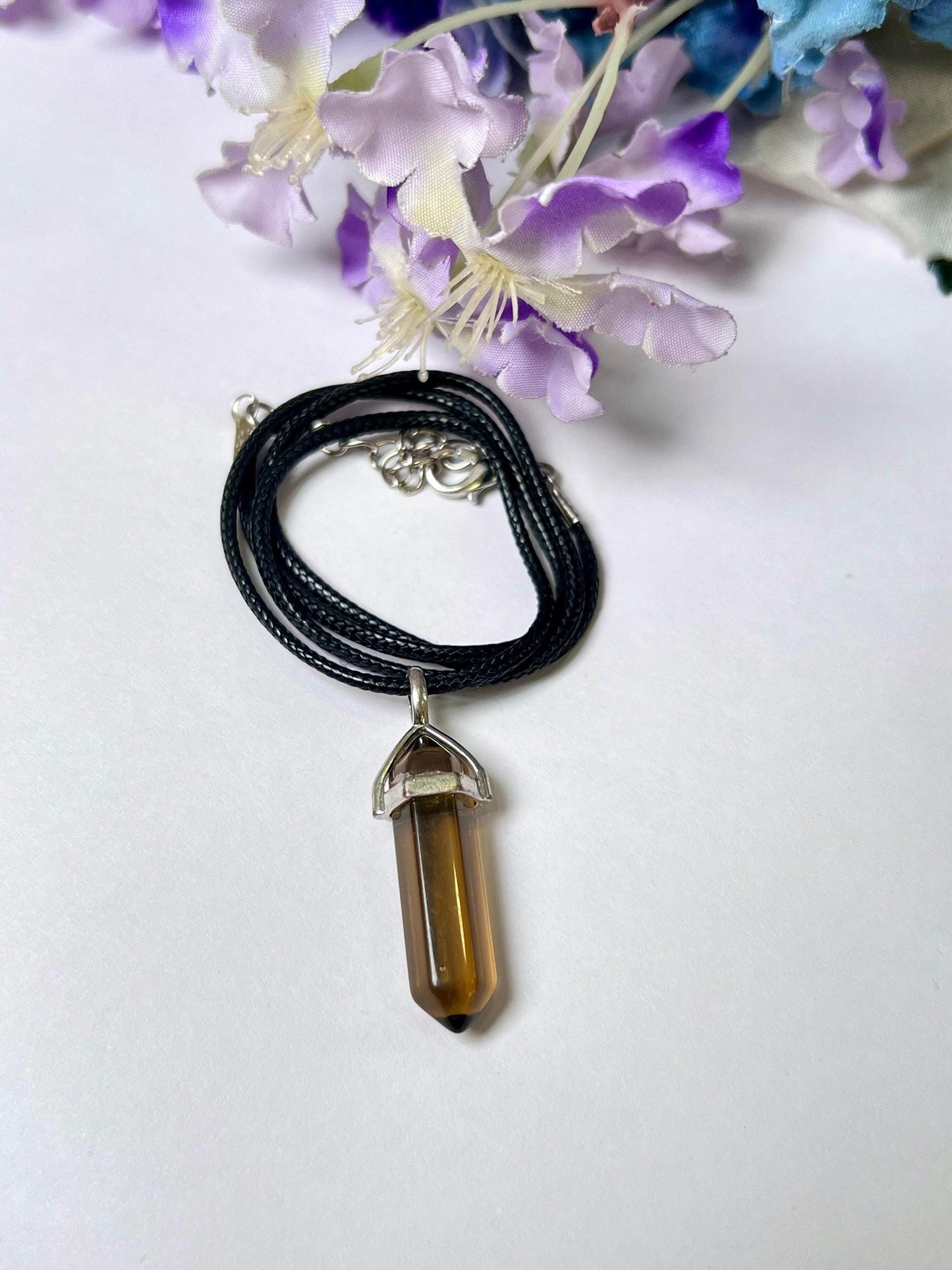 Smoky Quartz Stone Double Point Pencil Pendant with Black Cord