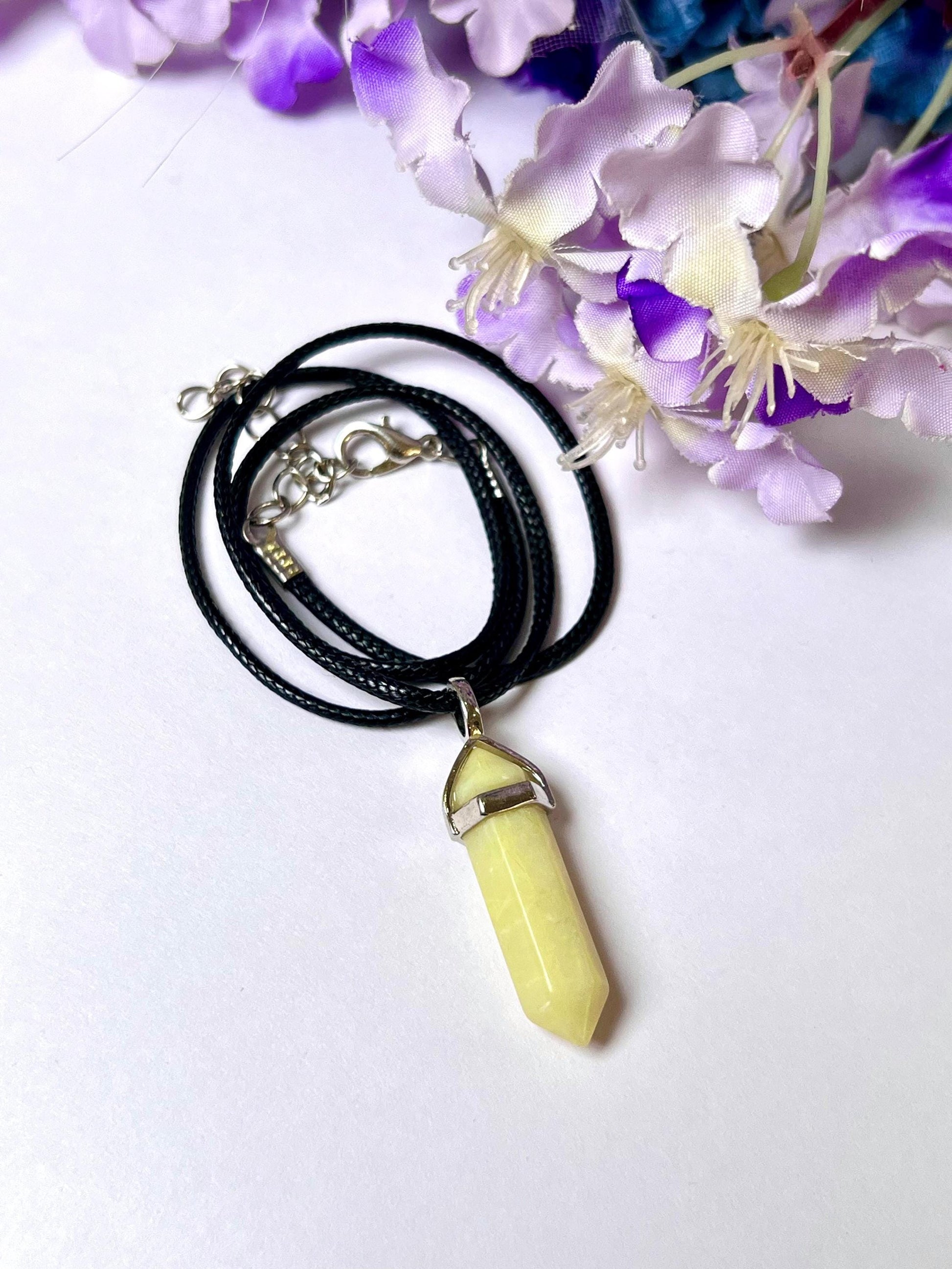 Lizardite Stone Double Point Pencil Pendant with Black Cord