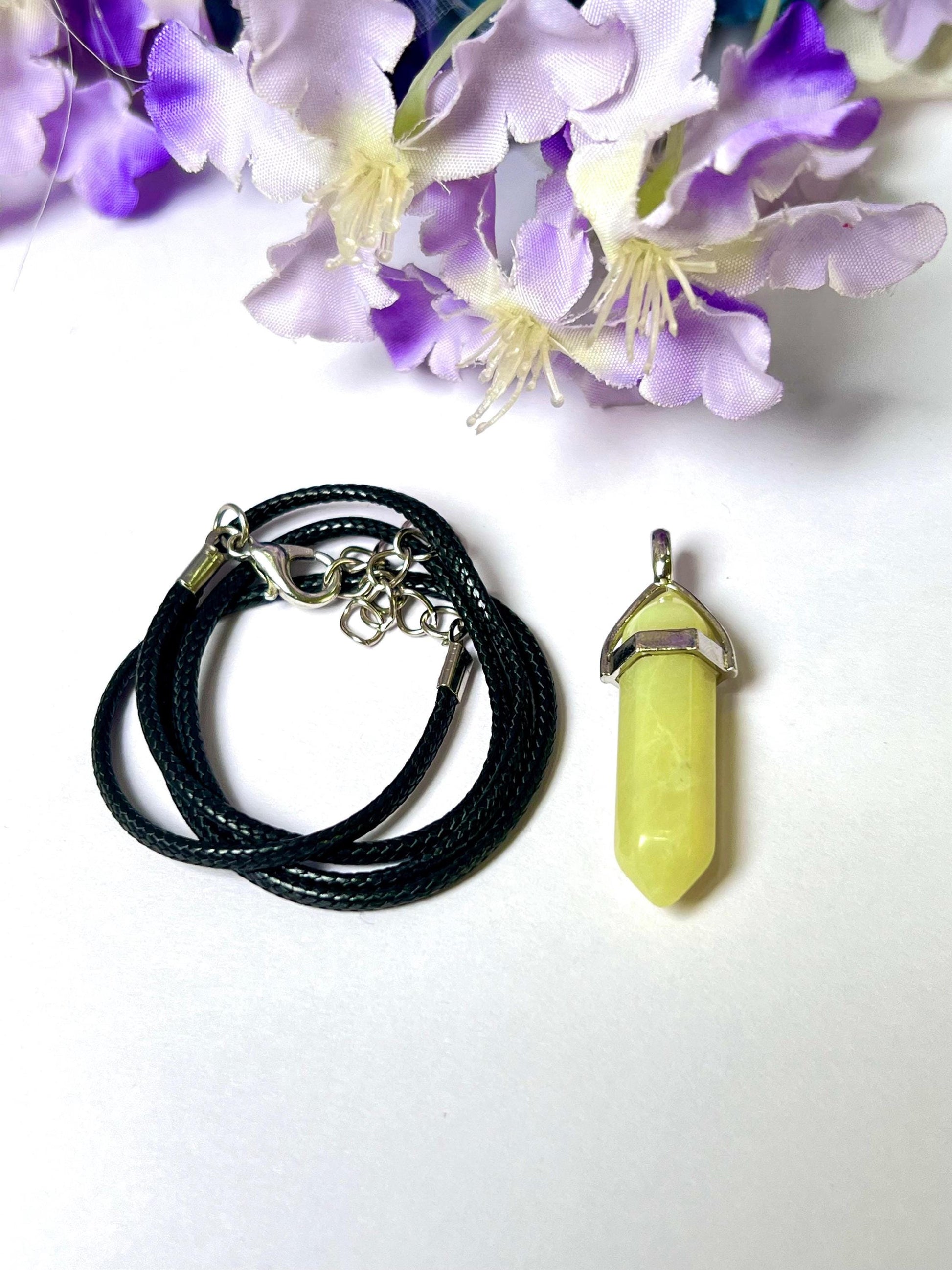 Lizardite Stone Double Point Pencil Pendant with Black Cord