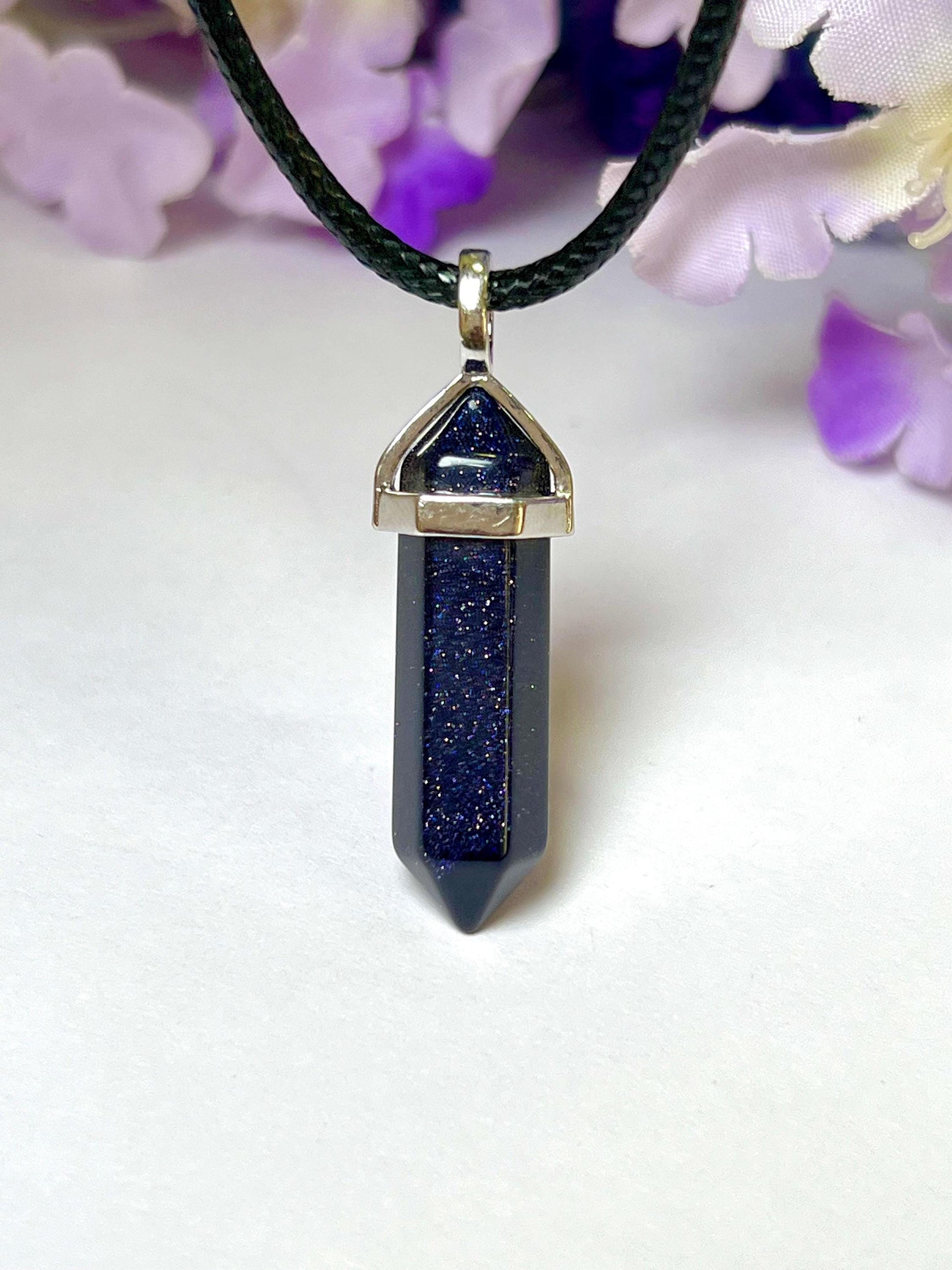 Blue Gold Stone / Blue Sunsitara Stone Double Point Pencil Pendant with Black Cord