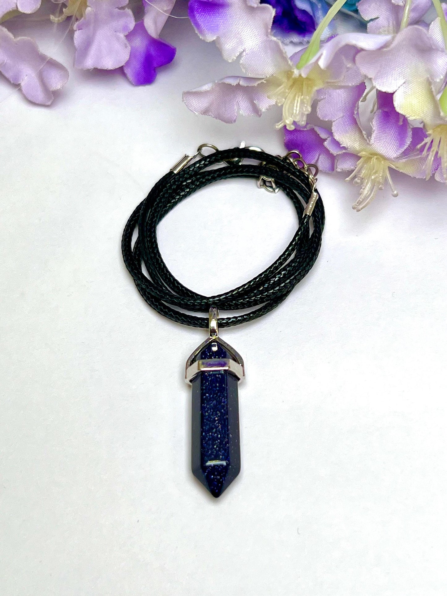 Blue Gold Stone / Blue Sunsitara Stone Double Point Pencil Pendant with Black Cord