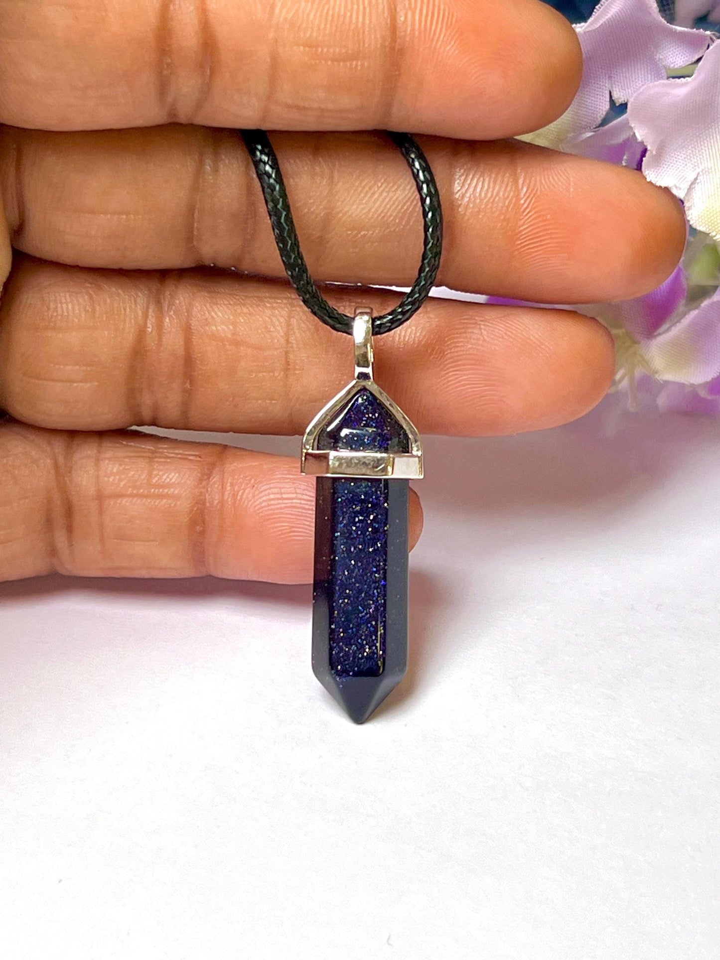 Blue Gold Stone / Blue Sunsitara Stone Double Point Pencil Pendant with Black Cord