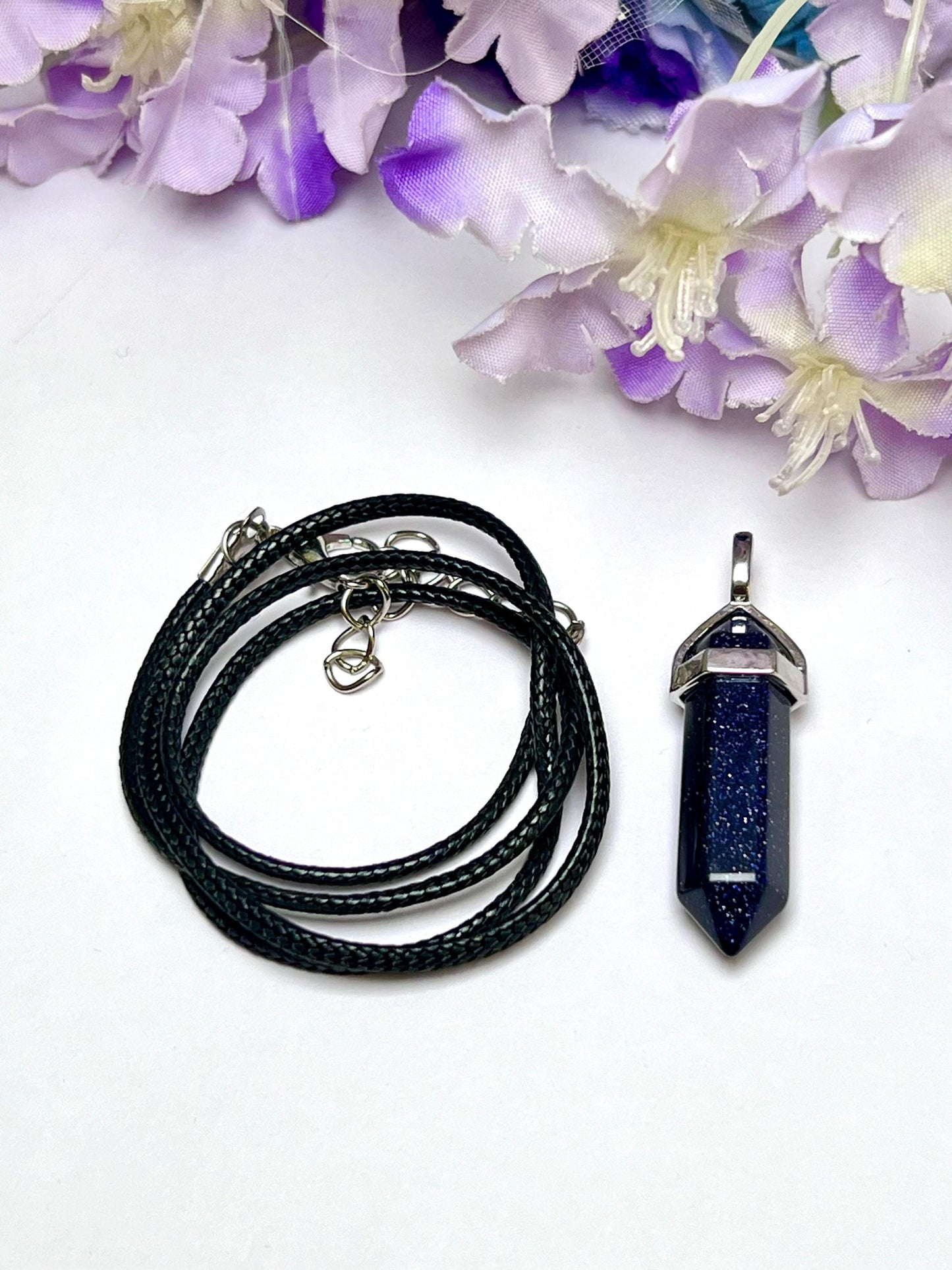 Blue Gold Stone / Blue Sunsitara Stone Double Point Pencil Pendant with Black Cord