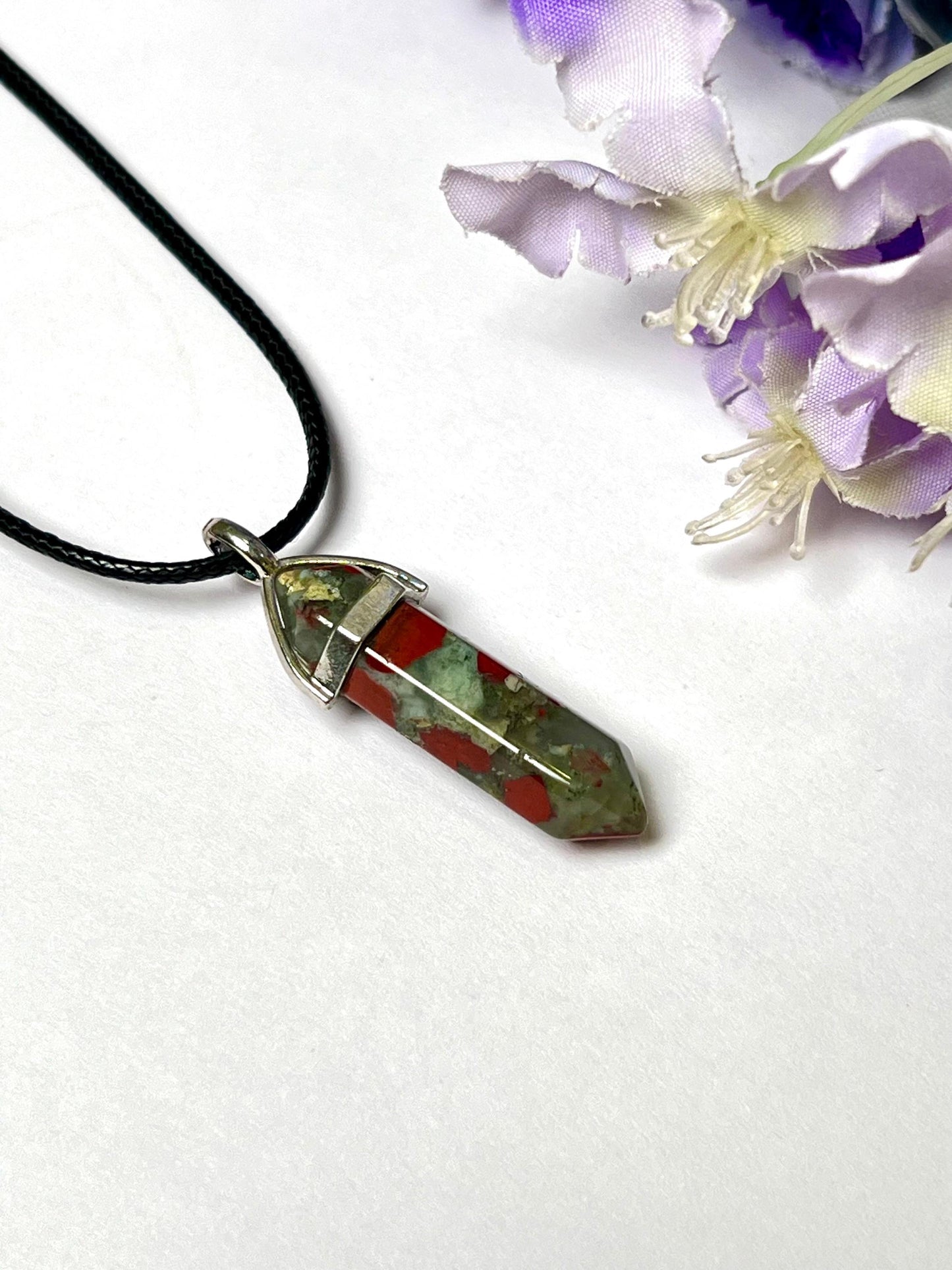 African BloodStone Double Point Pencil Pendant with Black Cord