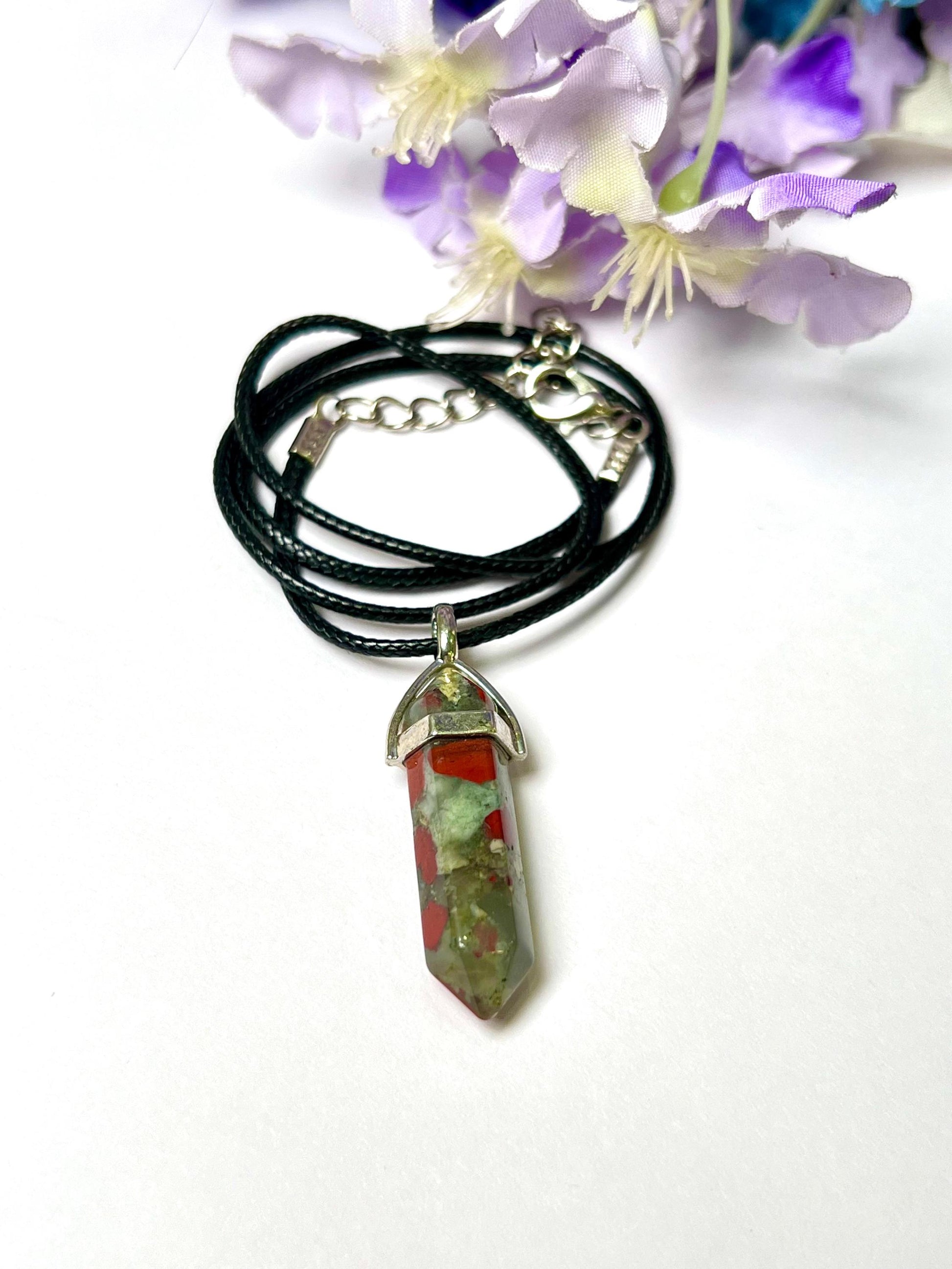 African BloodStone Double Point Pencil Pendant with Black Cord