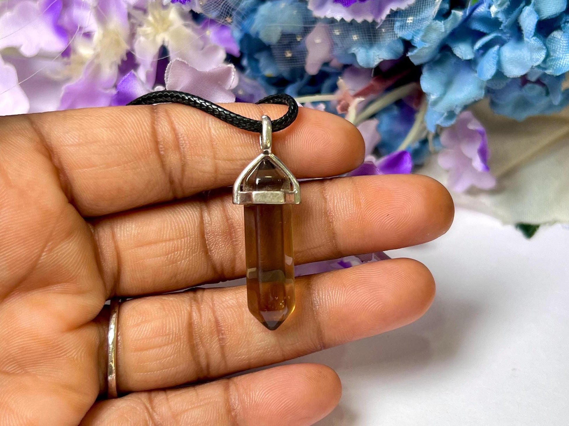 Smoky Quartz Stone Double Point Pencil Pendant with Black Cord