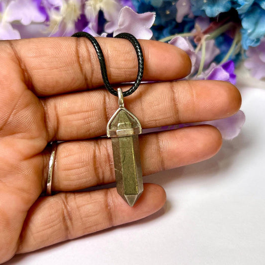 Pyrite Stone Double Point Pencil Pendant with Black Cord