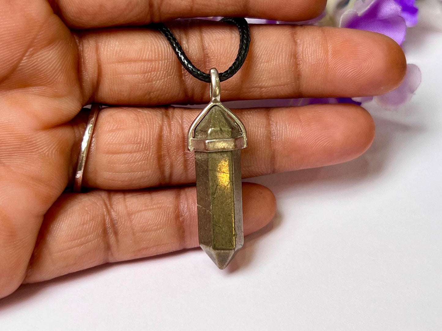 Pyrite Stone Double Point Pencil Pendant with Black Cord