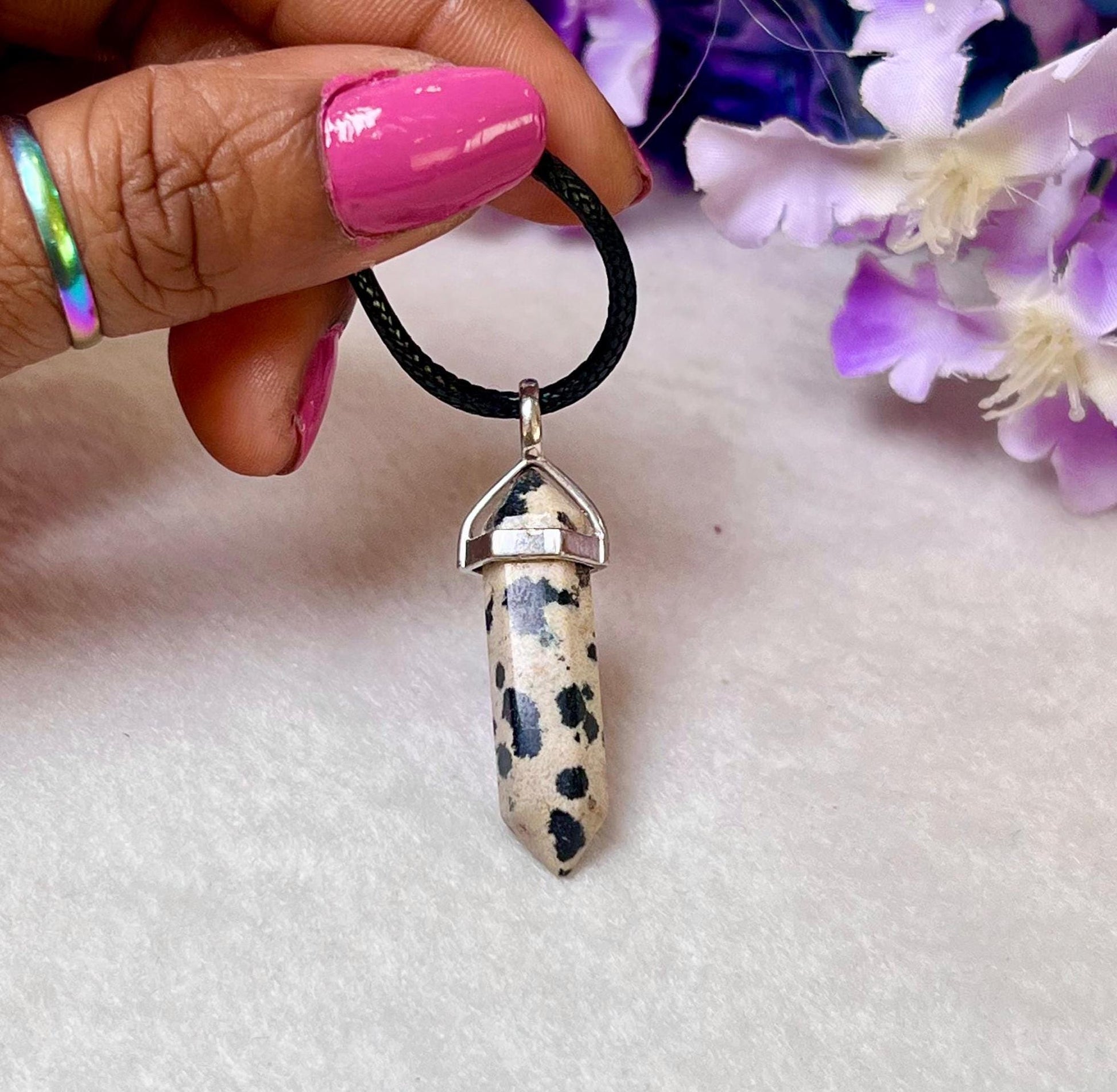 Dalmatian Jasper Stone Double Point Pencil Pendant with Black Cord