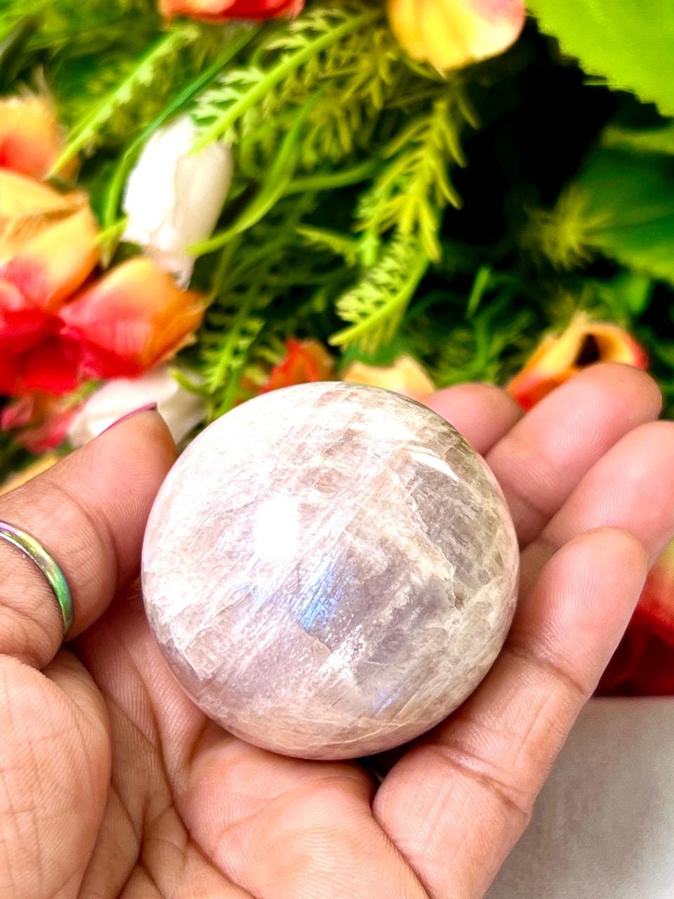 Rainbow Moonstone  Sphere 40 MM Crystal Ball Orb Pocket Stone Meditation Space Crystal Grid With wooden Stand