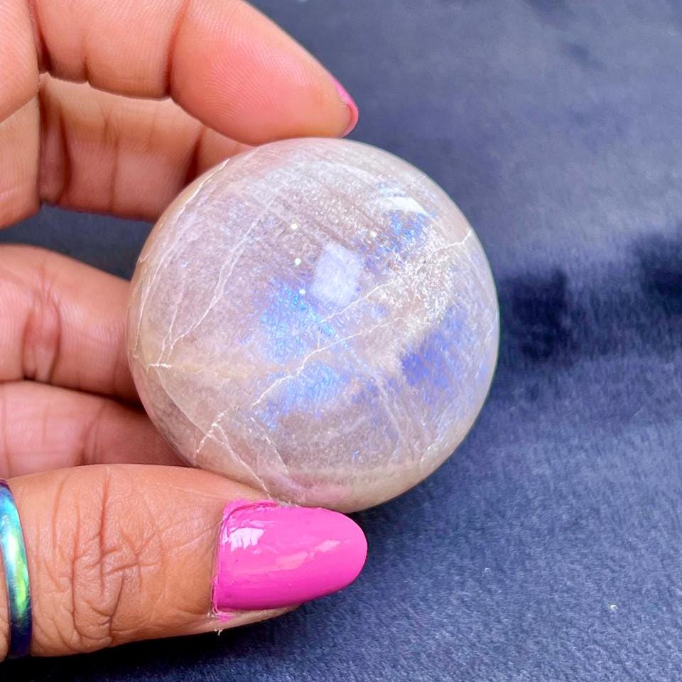 Rainbow Moonstone  Sphere 40 MM Crystal Ball Orb Pocket Stone Meditation Space Crystal Grid With wooden Stand