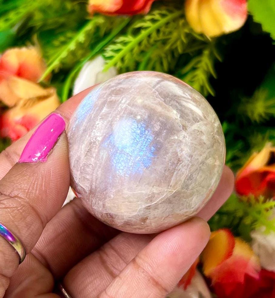 Rainbow Moonstone  Sphere 40 MM Crystal Ball Orb Pocket Stone Meditation Space Crystal Grid With wooden Stand