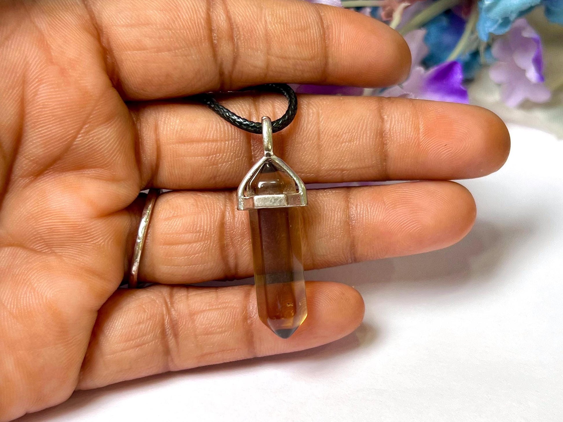 Smoky Quartz Stone Double Point Pencil Pendant with Black Cord