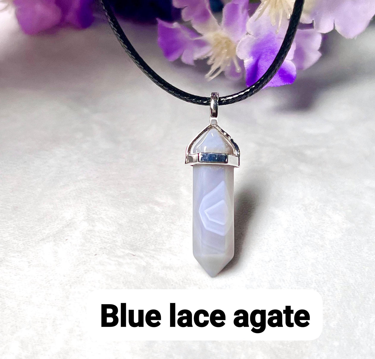 Blue Lace Agate Stone Double Point Pencil Pendant with Black Cord