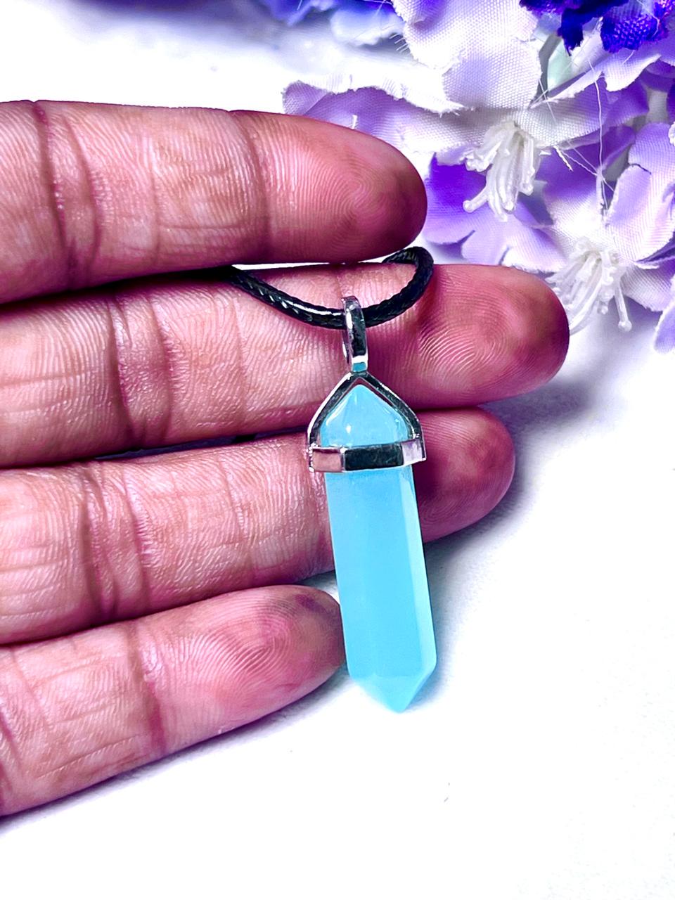 Aqua Chalcedony Stone Double Point Pencil Pendant with Black Cord