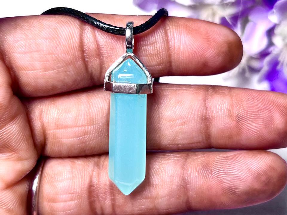 Aqua Chalcedony Stone Double Point Pencil Pendant with Black Cord