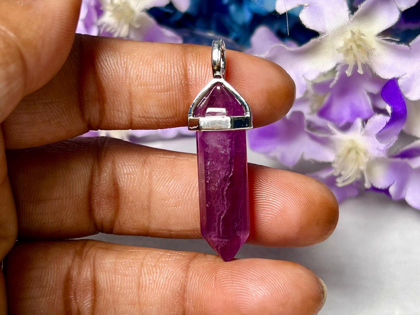 Grape Purple Fluorite Stone Double Point Pencil Pendant with Black Cord