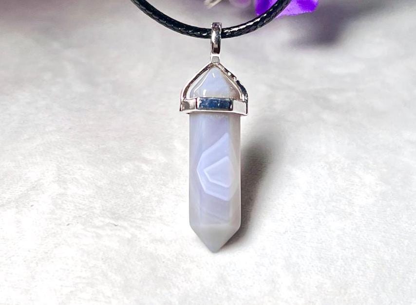 Blue Lace Agate Stone Double Point Pencil Pendant with Black Cord