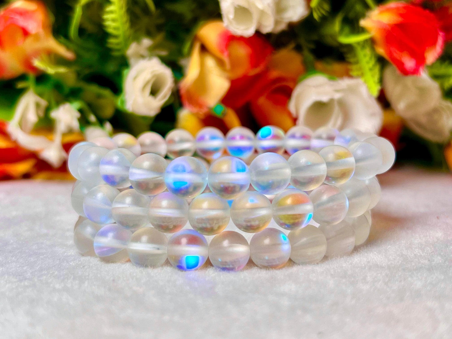 Rainbow Angel Aura Crystal Quartz Stone Matt Finish Bracelet l Stretchable Bracelet l Unisex Bracelet l 8 MM Bracelet